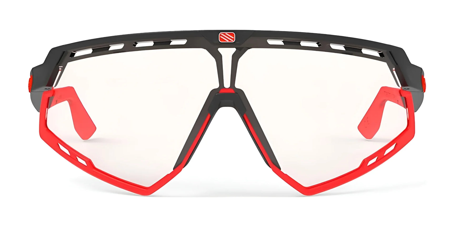 Rudy Project Defender Sunglasses | Size 141: Sporty prescription eyewear by Rudy Project with a black and red frame, clear interchangeable lenses, and a bold geometric design. Rudy Project Defender Sunglasses | Size 141: Sporty prescription eyewear by Rudy Project with a black and red frame, clear interchangeable lenses, and a bold geometric design.