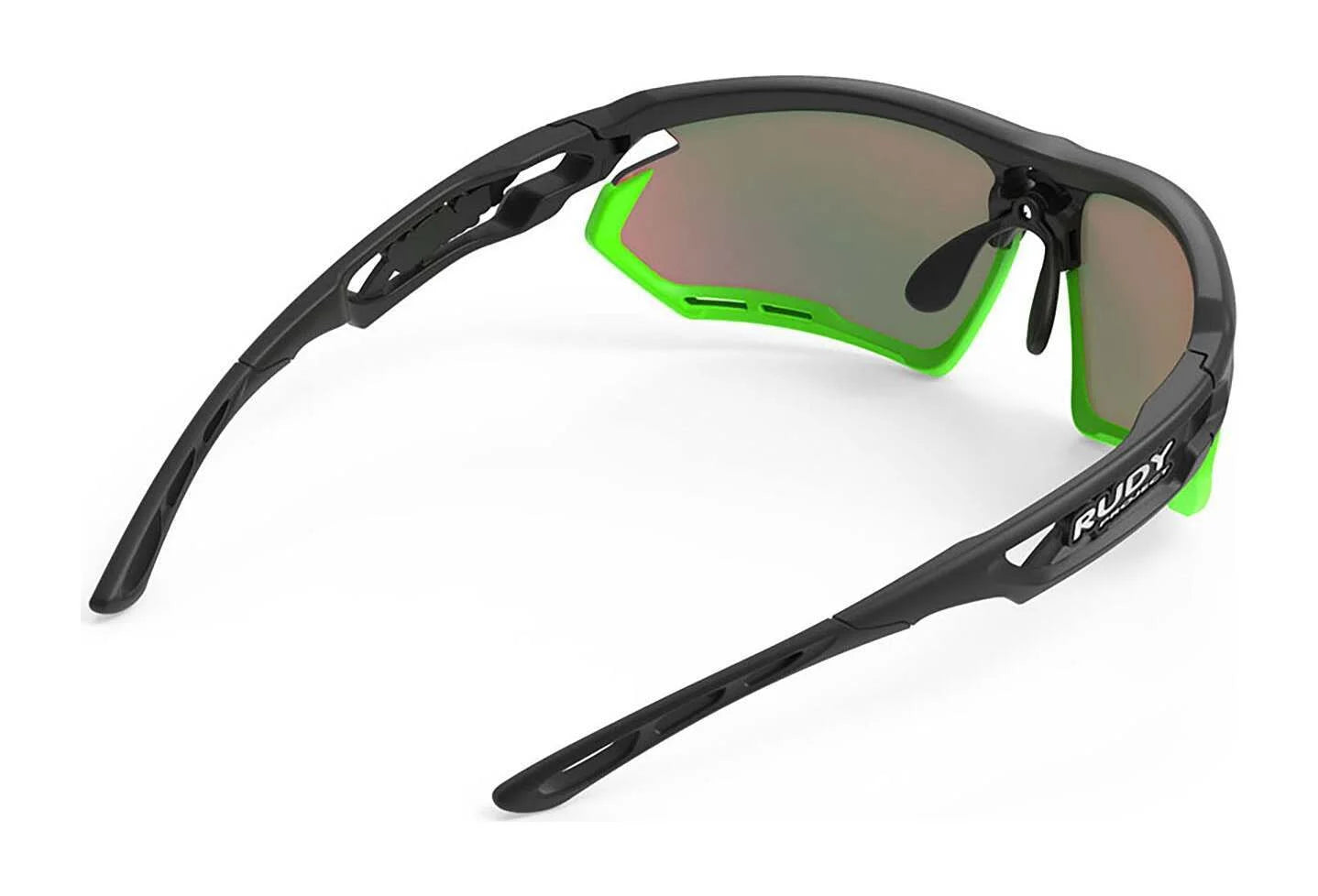 Rudy Project Fotonyk Sunglasses | Size 66 by Rudy Project, black sport frames with green accents and mirrored ImpactX lenses, displayed angled on a white background. Rudy Project Fotonyk Sunglasses | Size 66 by Rudy Project, black sport frames with green accents and mirrored ImpactX lenses, displayed angled on a white background.