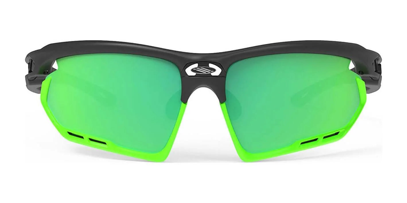 Rudy Project Fotonyk Sunglasses | Size 66 feature a sporty black frame and bright green mirrored ImpactX lens, displayed on a white background. Rudy Project Fotonyk Sunglasses | Size 66 feature a sporty black frame and bright green mirrored ImpactX lens, displayed on a white background.