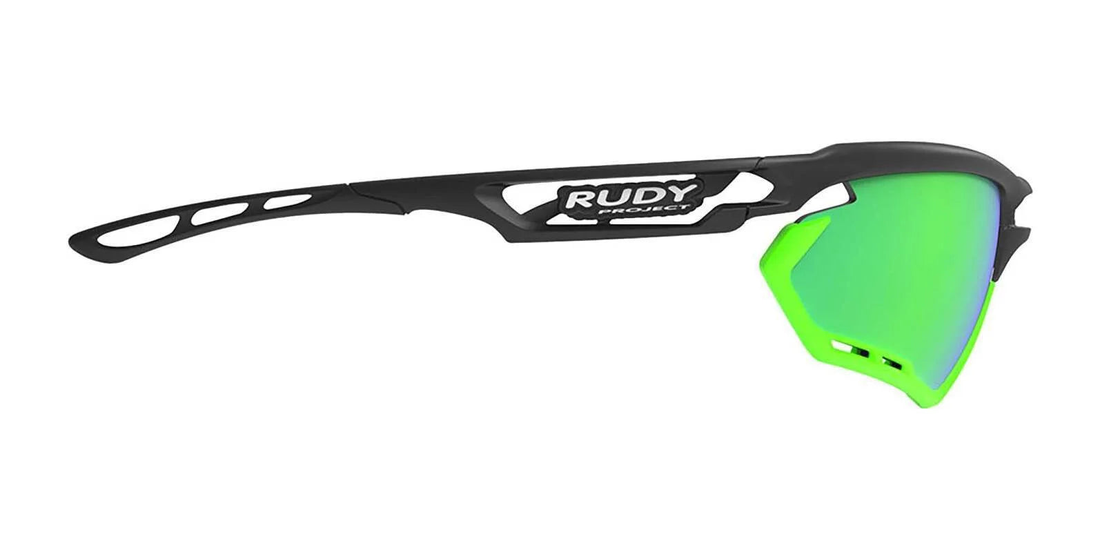 Side view of sporty Rudy Project Fotonyk Sunglasses in black and green with a green mirrored ImpactX lens, Size 66. Side view of sporty Rudy Project Fotonyk Sunglasses in black and green with a green mirrored ImpactX lens, Size 66.