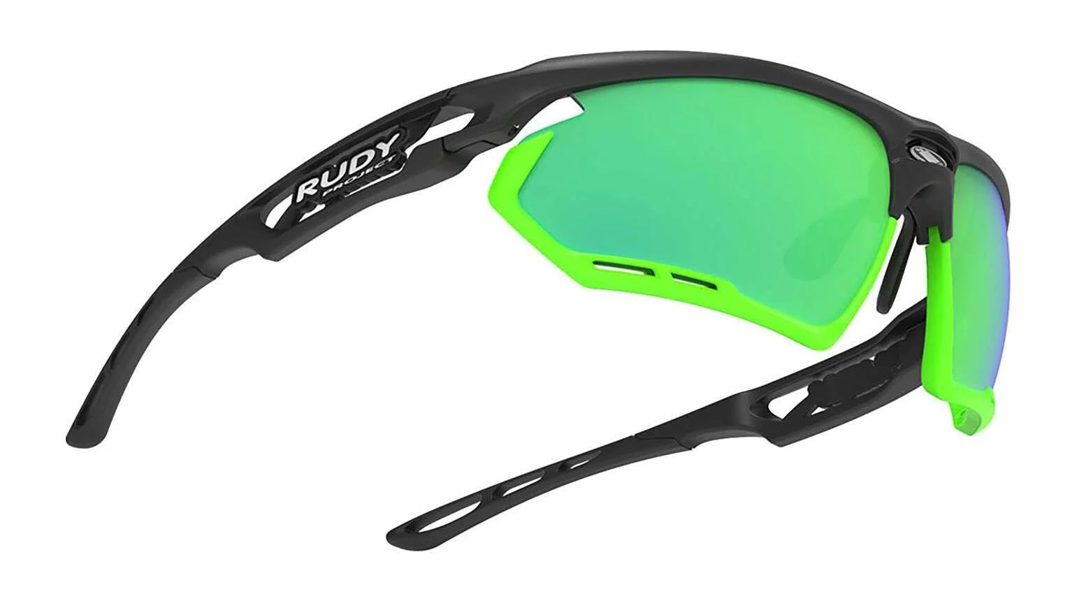 The Rudy Project Fotonyk Sunglasses | Size 66 feature a black frame with green mirrored ImpactX lenses, "RUDY" logo, and interchangeable lenses for versatile performance. The Rudy Project Fotonyk Sunglasses | Size 66 feature a black frame with green mirrored ImpactX lenses, "RUDY" logo, and interchangeable lenses for versatile performance.