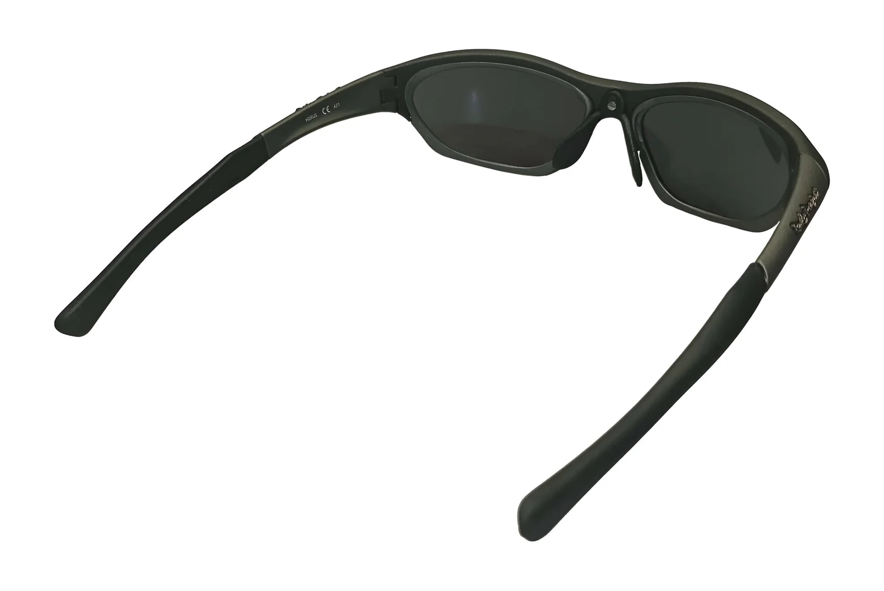 The Rudy Project Horus Sunglasses | Size 58, by Rudy Project, are black with dark lenses, shown from the back with curved arms and adjustable temples against a white background. The Rudy Project Horus Sunglasses | Size 58, by Rudy Project, are black with dark lenses, shown from the back with curved arms and adjustable temples against a white background.