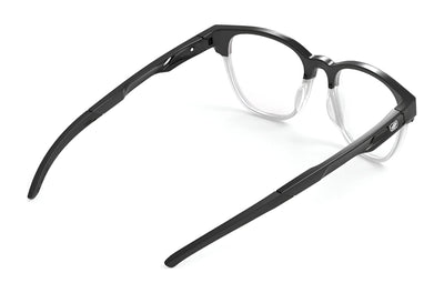Rudy Project Iridis 65 Eyeglasses (Size 55) viewed from above, with open arms, clear lenses, a black rim, and a lightweight Grilamid frame by Rudy Project.