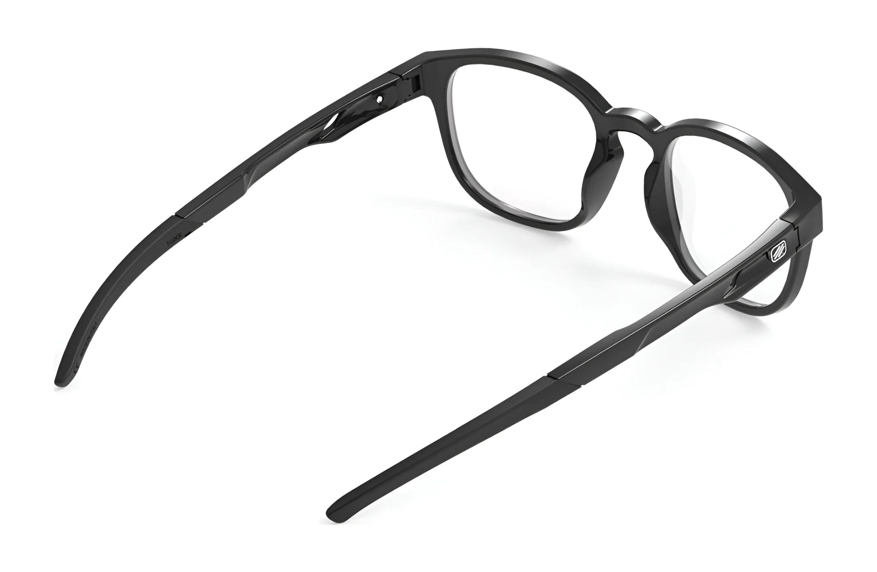 The Rudy Project Iridis 66 Eyeglasses | Size 51 by Rudy Project feature black, round Grilamid frames with a bold profile, displayed from a rear side angle on a white background—ideal for sports and daily wear. The Rudy Project Iridis 66 Eyeglasses | Size 51 by Rudy Project feature black, round Grilamid frames with a bold profile, displayed from a rear side angle on a white background—ideal for sports and daily wear.
