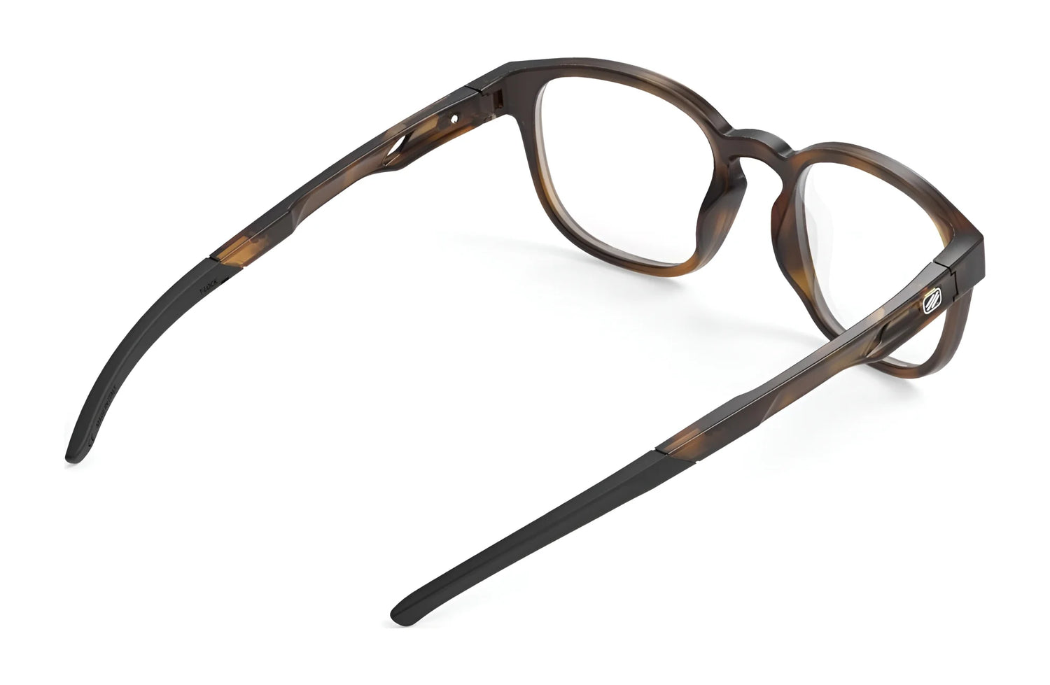 The Rudy Project Iridis 66 Eyeglasses in size 51 feature a durable Grilamid frame in brown and black, designed for sports and everyday use—shown from behind to highlight the sturdy temple arms against a white background. The Rudy Project Iridis 66 Eyeglasses in size 51 feature a durable Grilamid frame in brown and black, designed for sports and everyday use—shown from behind to highlight the sturdy temple arms against a white background.