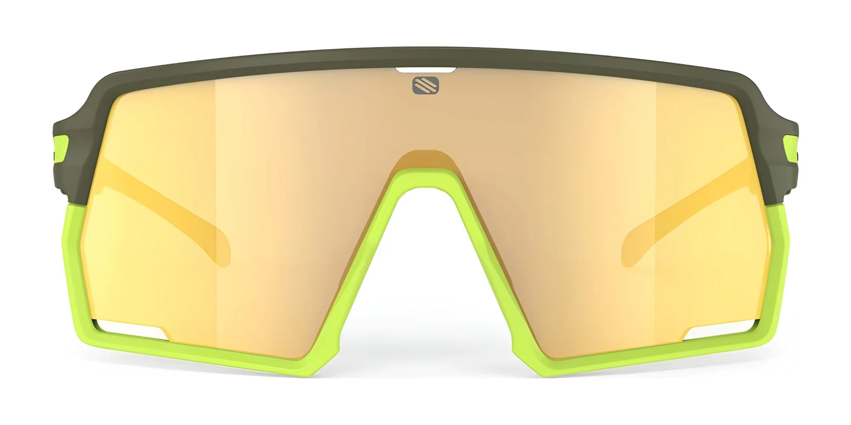 The Rudy Project Kelion Sunglasses (Size 144) by Rudy Project feature large, angular yellow-orange UV-protection lenses and a green and yellow frame, shown from the front. The Rudy Project Kelion Sunglasses (Size 144) by Rudy Project feature large, angular yellow-orange UV-protection lenses and a green and yellow frame, shown from the front.