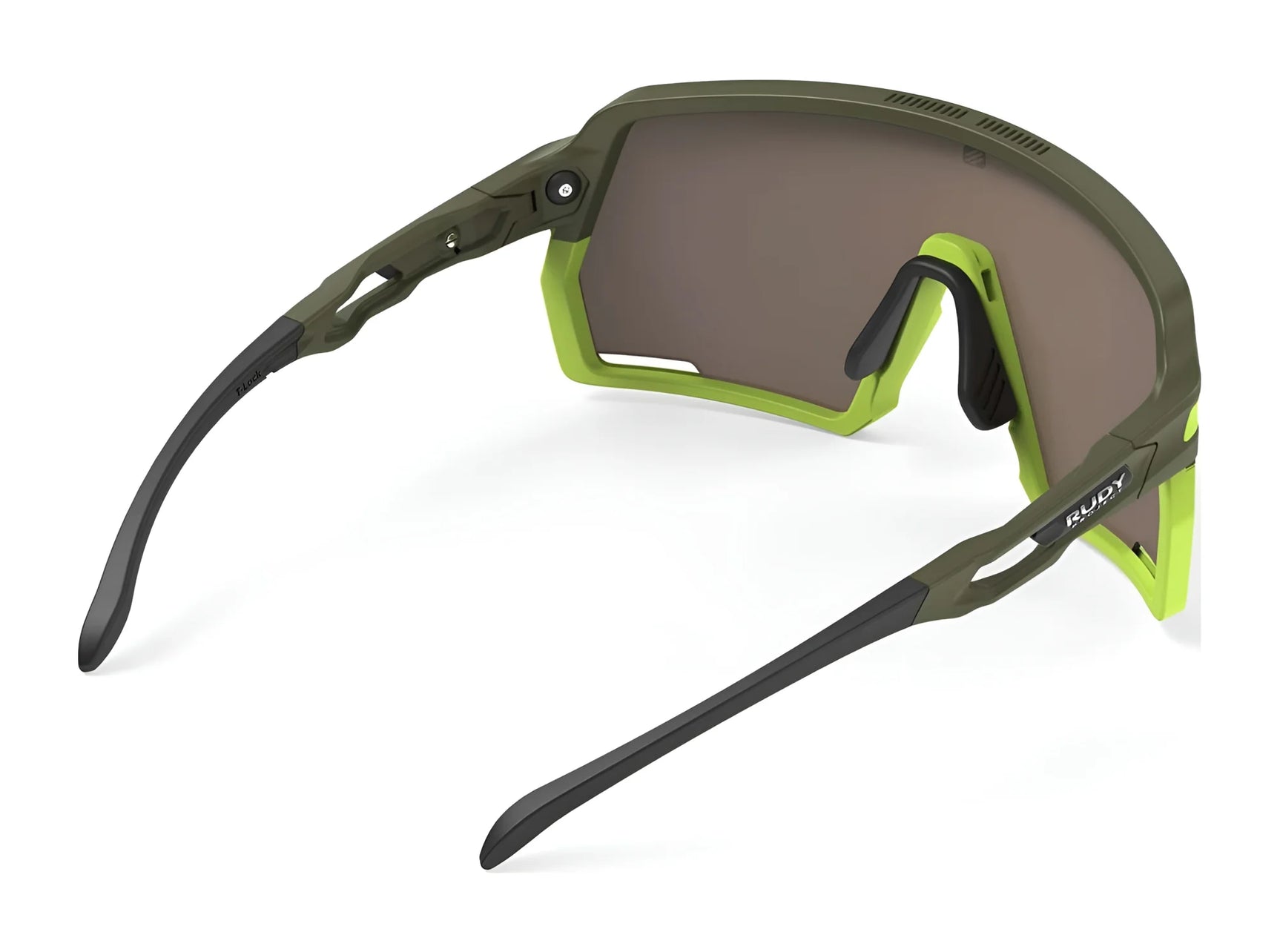 Rudy Project Kelion Sunglasses | Size 144 feature a green and yellow single wide lens with black arms, viewed from the side, offering UV protection—ideal for outdoor activities. Rudy Project Kelion Sunglasses | Size 144 feature a green and yellow single wide lens with black arms, viewed from the side, offering UV protection—ideal for outdoor activities.