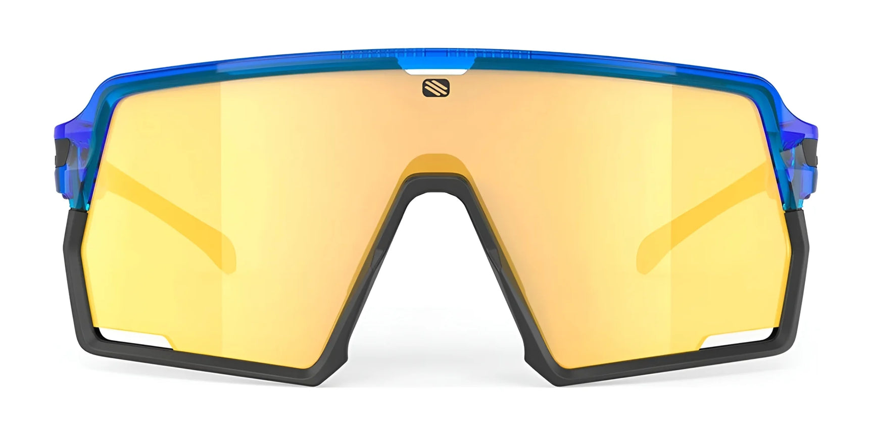 The Rudy Project Kelion Sunglasses in size 144 feature a blue frame and large yellow-tinted shield lens for UV protection, ideal for high-performance sports. Displayed on a white background. The Rudy Project Kelion Sunglasses in size 144 feature a blue frame and large yellow-tinted shield lens for UV protection, ideal for high-performance sports. Displayed on a white background.