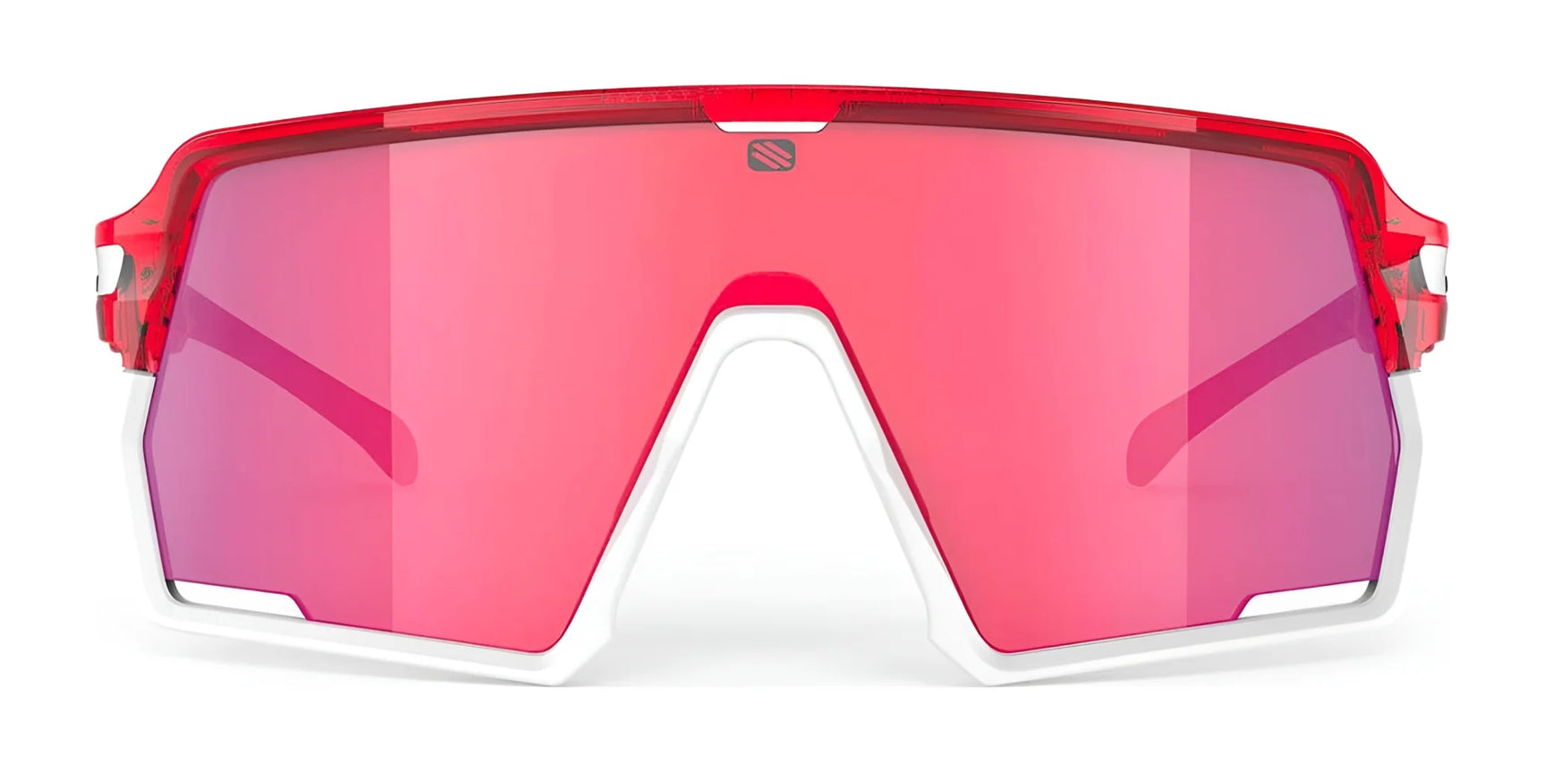 Rudy Project Kelion Sunglasses | Size 144 feature red and white frames with large, mirrored pink lenses for UV protection and a bold look from the front. Rudy Project Kelion Sunglasses | Size 144 feature red and white frames with large, mirrored pink lenses for UV protection and a bold look from the front.