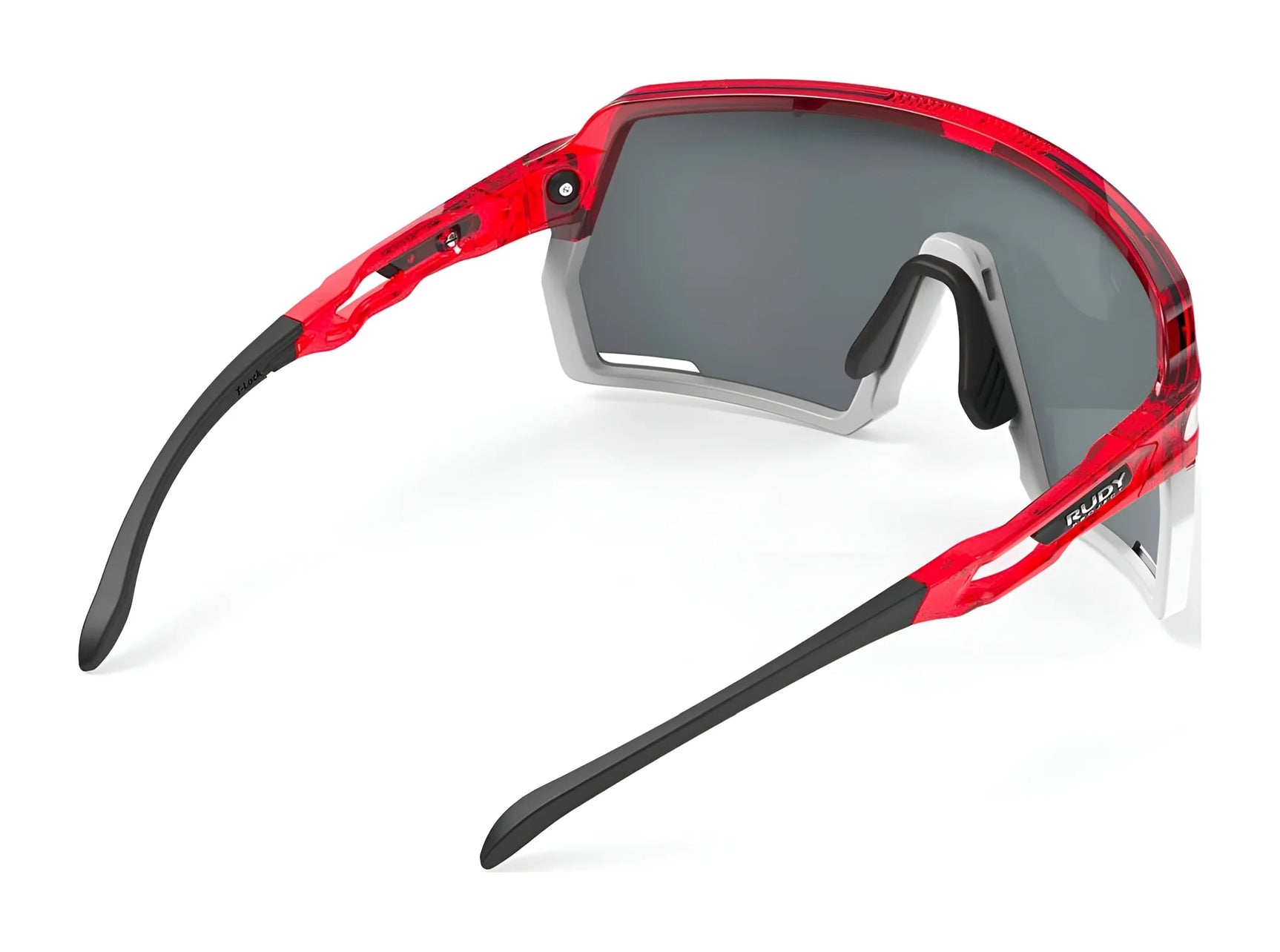Rudy Project Kelion Sunglasses in red and black, size 144, feature gray tinted lenses with UV protection, shown from a rear view on a white background. Rudy Project Kelion Sunglasses in red and black, size 144, feature gray tinted lenses with UV protection, shown from a rear view on a white background.