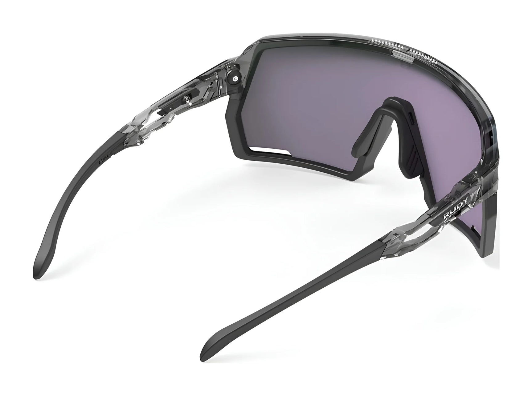 Rudy Project Kelion Sunglasses | Size 144 feature wide, dark lenses and transparent frames for stylish UV protection, shown from back and side angles. Brand: Rudy Project. Rudy Project Kelion Sunglasses | Size 144 feature wide, dark lenses and transparent frames for stylish UV protection, shown from back and side angles. Brand: Rudy Project.