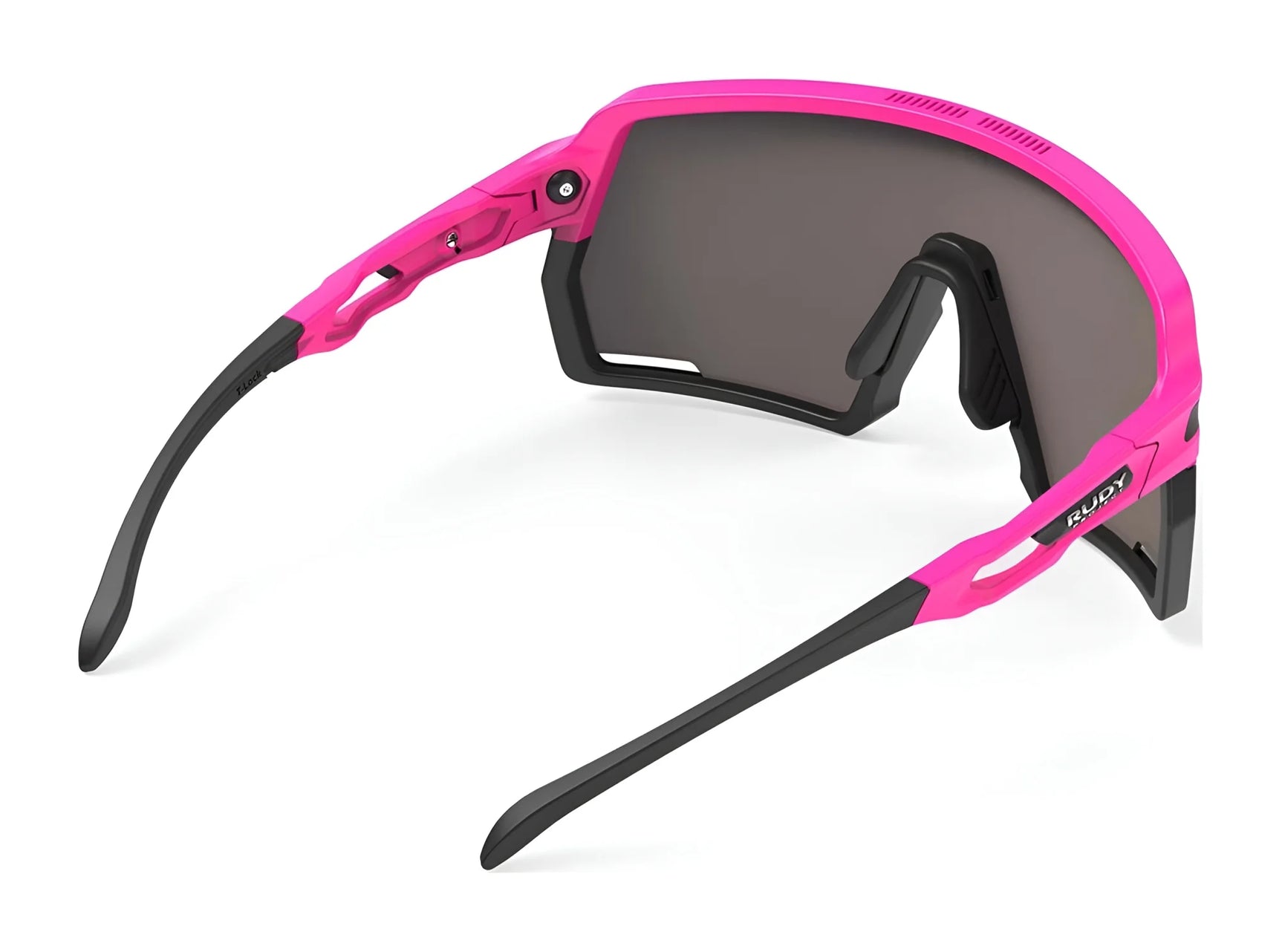 Rudy Project Kelion Sunglasses (Size 144) in pink and black with dark UV-protected lenses, shown angled to highlight the arms and nose bridge. Rudy Project Kelion Sunglasses (Size 144) in pink and black with dark UV-protected lenses, shown angled to highlight the arms and nose bridge.