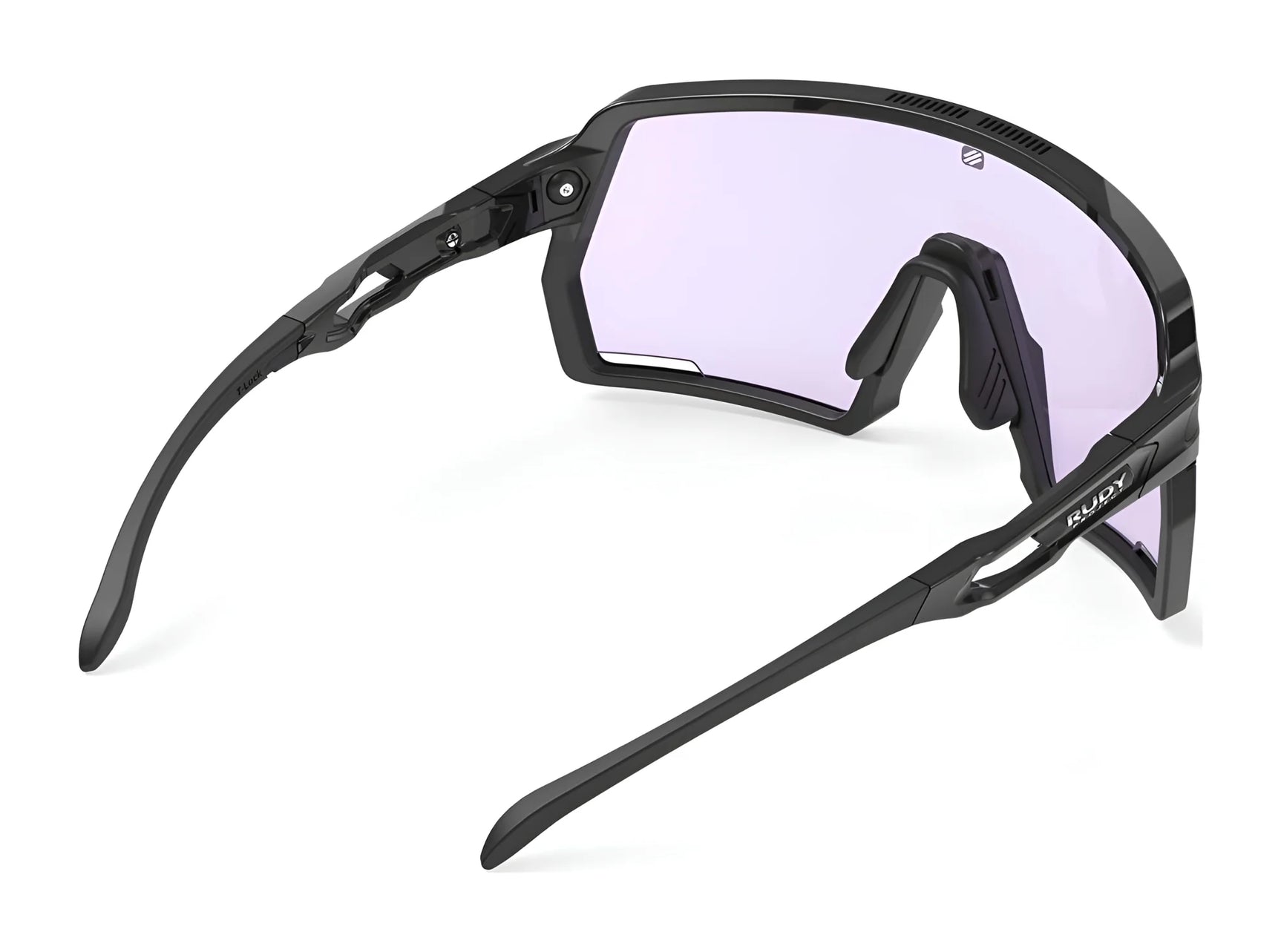 Rudy Project Kelion Sunglasses (Size 144) by Rudy Project feature a black frame, large slightly tinted angular lenses, and UV protection—perfect for outdoor activities. Shown from side and rear views. Rudy Project Kelion Sunglasses (Size 144) by Rudy Project feature a black frame, large slightly tinted angular lenses, and UV protection—perfect for outdoor activities. Shown from side and rear views.