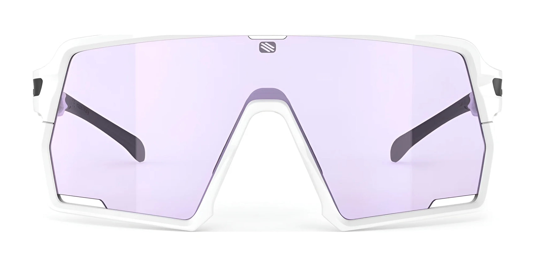 The Rudy Project Kelion Sunglasses | Size 144 by Rudy Project are white sport sunglasses with large, rectangular, light purple UV-protective lenses, shown from the front on a white background. The Rudy Project Kelion Sunglasses | Size 144 by Rudy Project are white sport sunglasses with large, rectangular, light purple UV-protective lenses, shown from the front on a white background.