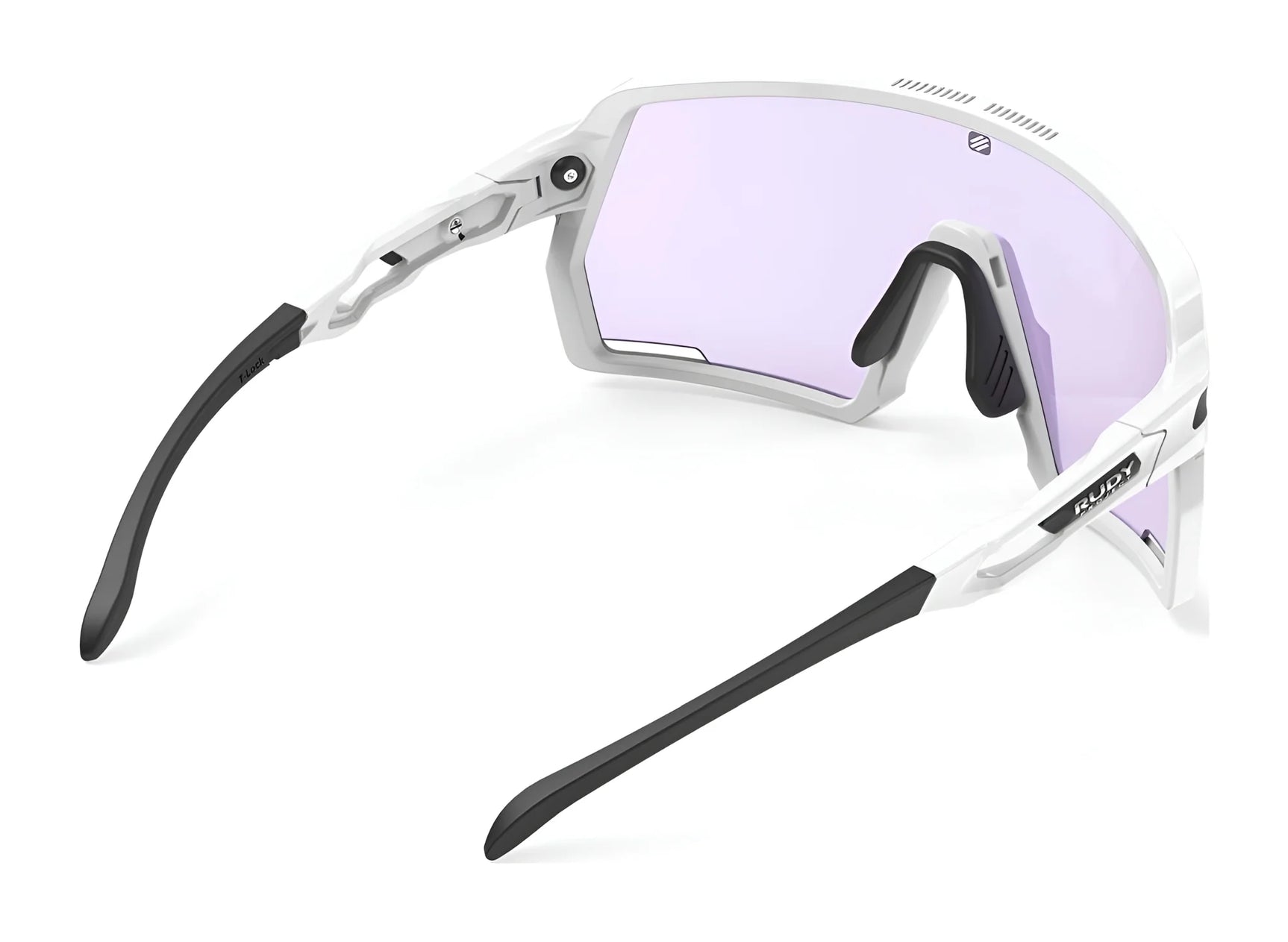 The Rudy Project Kelion Sunglasses in size 144 feature a black and white frame with a single purple-tinted lens, shown from the back, and offer UV protection for optimal eye safety. The Rudy Project Kelion Sunglasses in size 144 feature a black and white frame with a single purple-tinted lens, shown from the back, and offer UV protection for optimal eye safety.