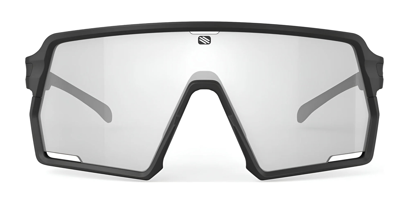 The Rudy Project Kelion Sunglasses (Size 144) feature a black frame with a wide, clear wraparound lens for UV protection and bold, futuristic style, shown from the front. The Rudy Project Kelion Sunglasses (Size 144) feature a black frame with a wide, clear wraparound lens for UV protection and bold, futuristic style, shown from the front.