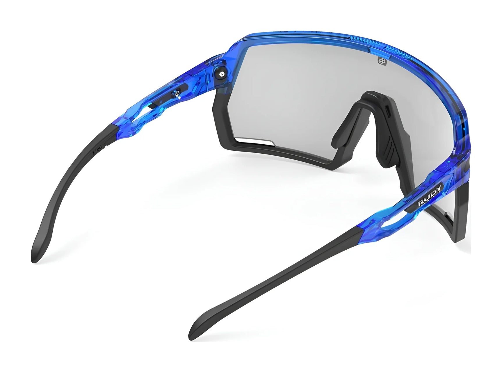 Side view of Rudy Project Kelion Sunglasses (Size 144) by Rudy Project, featuring a blue and black wraparound design with a single clear lens and UV protection. Side view of Rudy Project Kelion Sunglasses (Size 144) by Rudy Project, featuring a blue and black wraparound design with a single clear lens and UV protection.