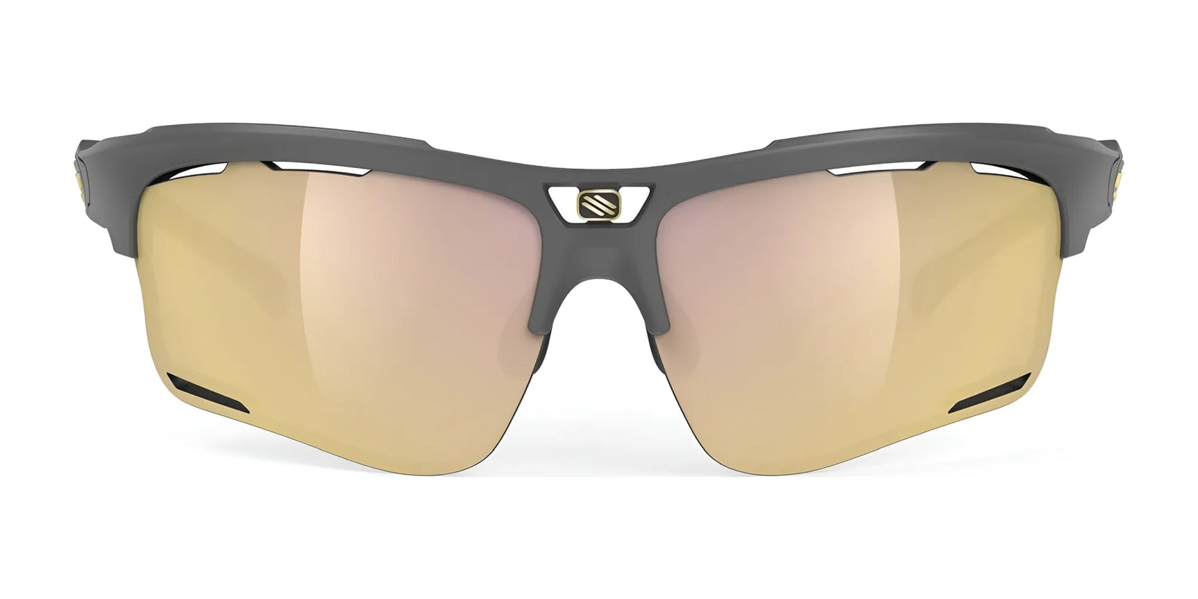 The Rudy Project Keyblade Sunglasses | Size 70, gray sports eyewear with gold reflective lenses and a Vent Controller System for airflow, are shown from the front against a white background. The Rudy Project Keyblade Sunglasses | Size 70, gray sports eyewear with gold reflective lenses and a Vent Controller System for airflow, are shown from the front against a white background.