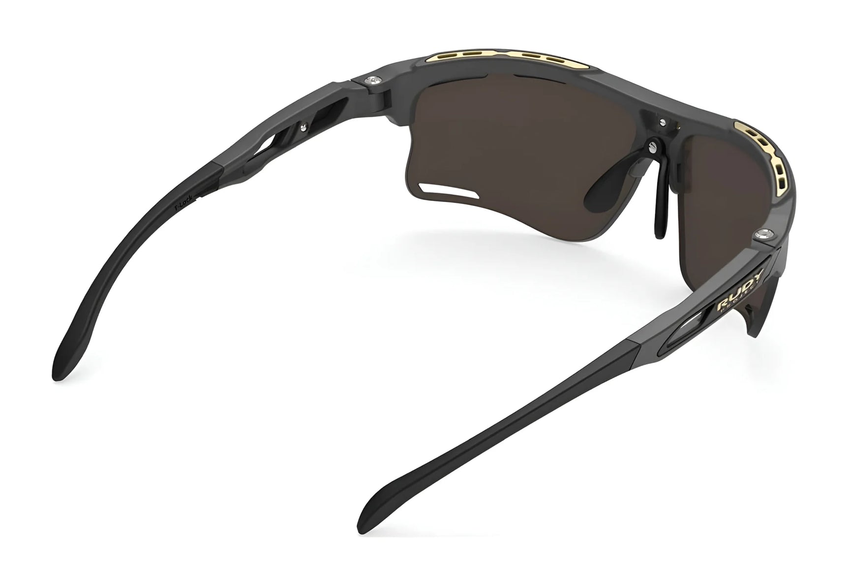 The Rudy Project Keyblade Sunglasses | Size 70 feature black sports frames with brown lenses, gold accents, a Vent Controller System, and sporty ventilation, shown from the back. The Rudy Project Keyblade Sunglasses | Size 70 feature black sports frames with brown lenses, gold accents, a Vent Controller System, and sporty ventilation, shown from the back.