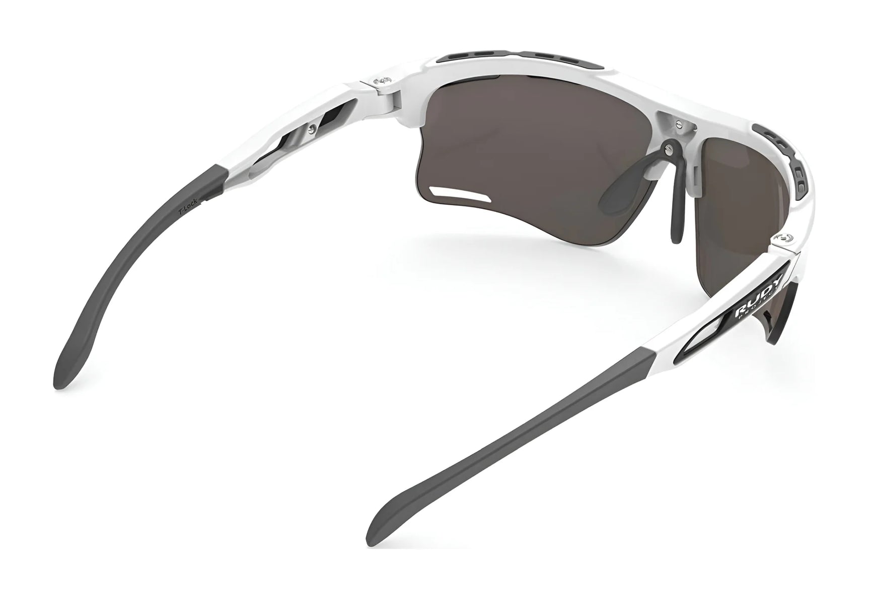Rudy Project Keyblade Sunglasses | Size 70 by Rudy Project, shown from the rear, feature a white frame, gray lenses, black ear tips, and a Vent Controller System for optimal airflow. Rudy Project Keyblade Sunglasses | Size 70 by Rudy Project, shown from the rear, feature a white frame, gray lenses, black ear tips, and a Vent Controller System for optimal airflow.