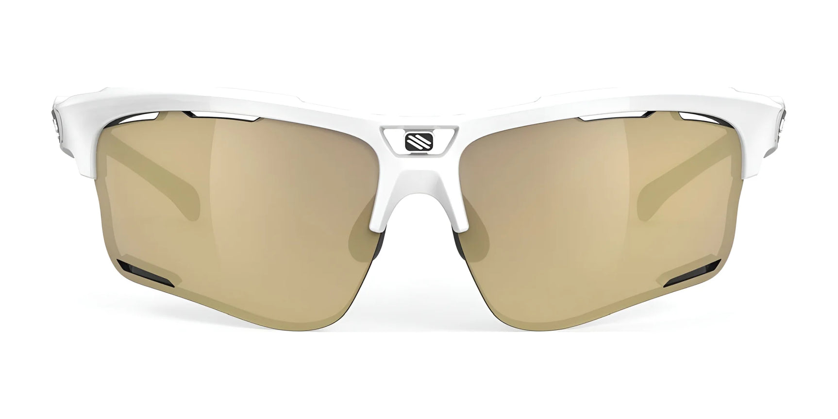The Rudy Project Keyblade Sunglasses | Size 70 feature white frames, mirrored gold-tinted lenses, and a Vent Controller System, shown from the front against a plain white background. The Rudy Project Keyblade Sunglasses | Size 70 feature white frames, mirrored gold-tinted lenses, and a Vent Controller System, shown from the front against a plain white background.