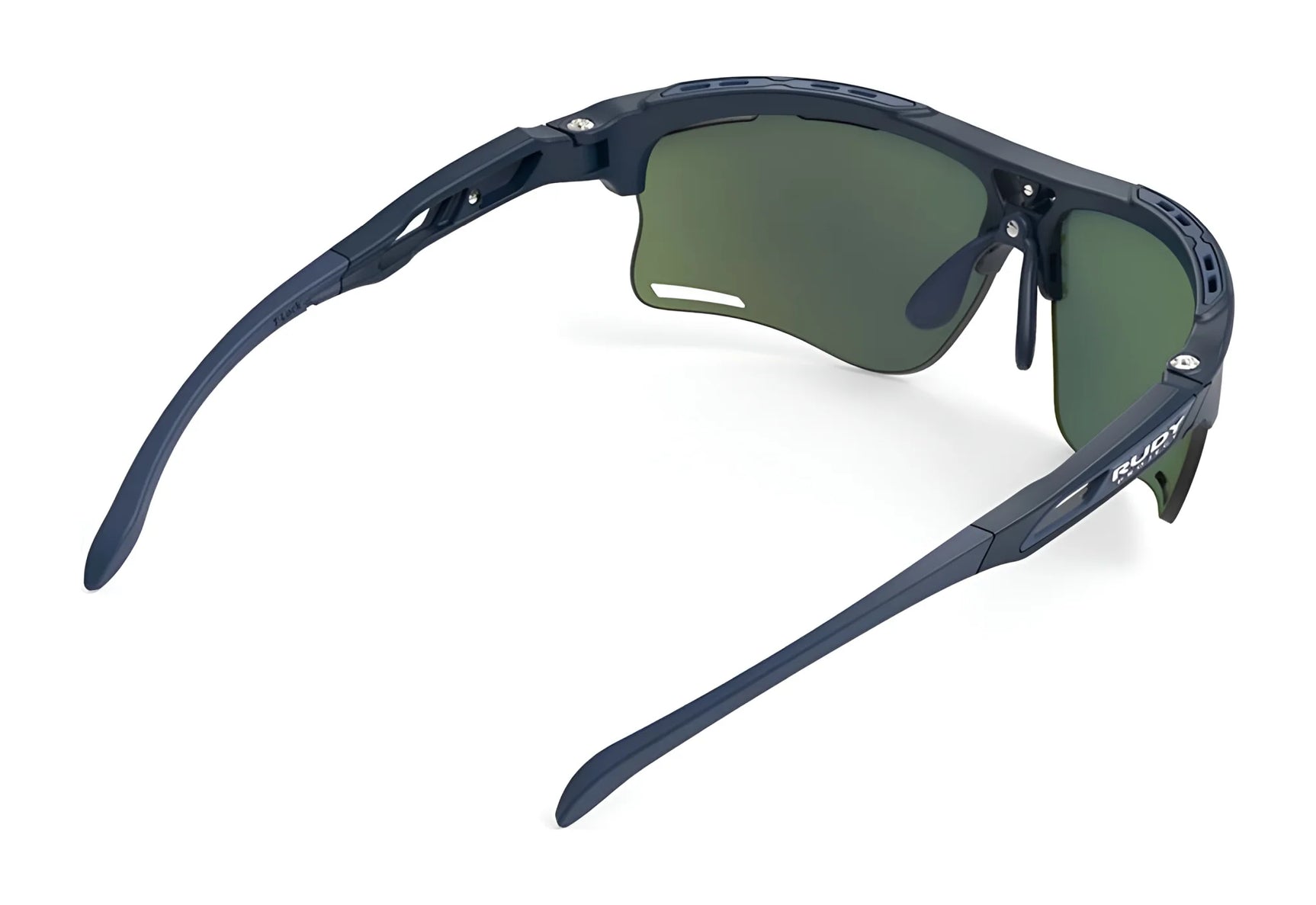 Rudy Project Keyblade Sunglasses | Size 70 by Rudy Project, dark sports eyewear with green lenses and a Vent Controller System, shown from the back at an angle on a white background. Rudy Project Keyblade Sunglasses | Size 70 by Rudy Project, dark sports eyewear with green lenses and a Vent Controller System, shown from the back at an angle on a white background.