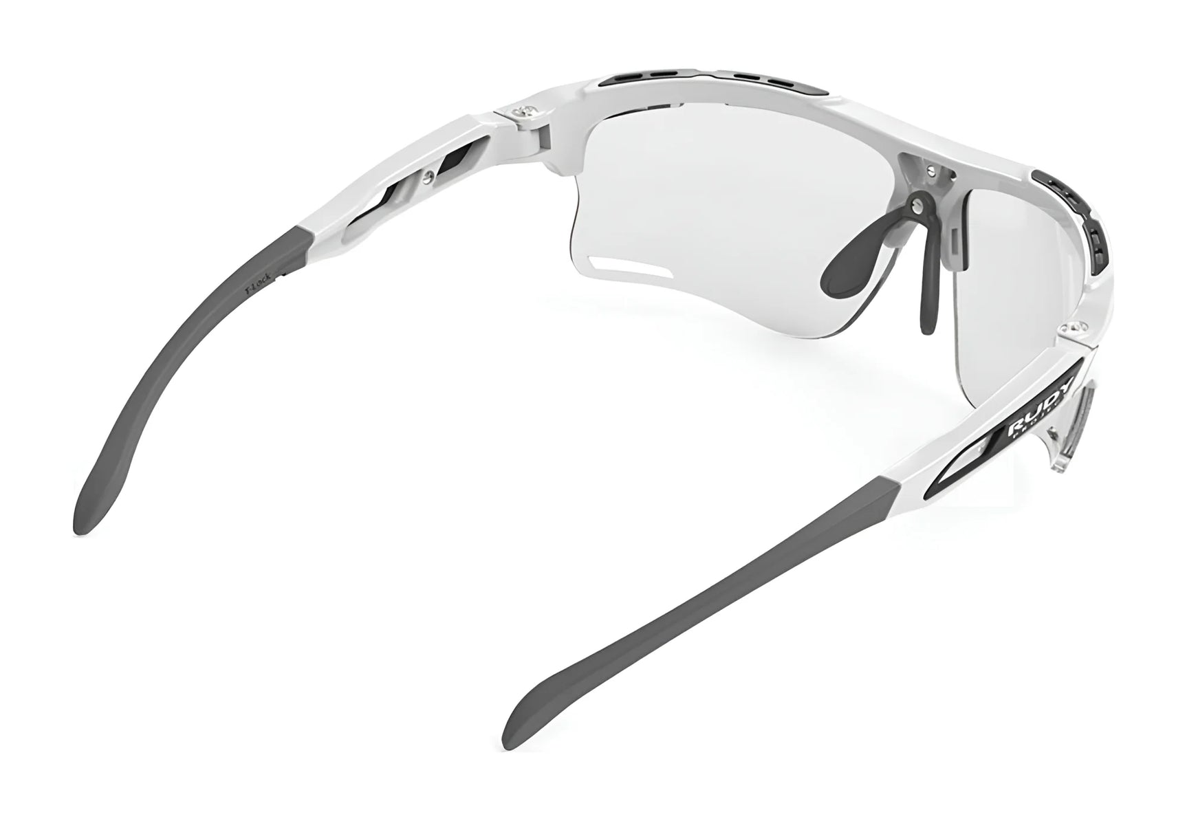The Rudy Project Keyblade Sunglasses | Size 70 by Rudy Project feature white and gray frames, partially transparent lenses, and a Vent Controller System for optimal airflow, shown from the back angle. The Rudy Project Keyblade Sunglasses | Size 70 by Rudy Project feature white and gray frames, partially transparent lenses, and a Vent Controller System for optimal airflow, shown from the back angle.
