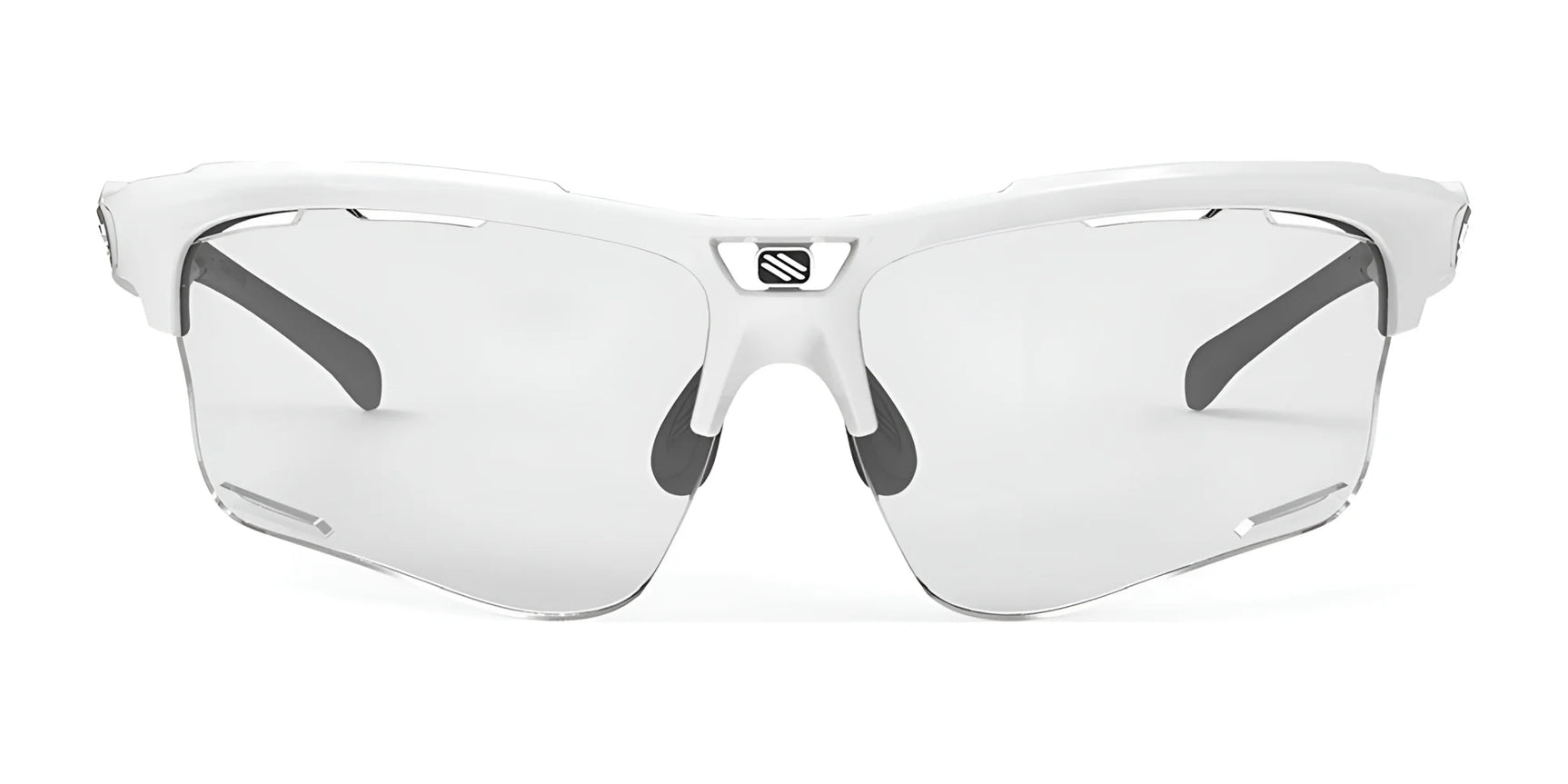 Rudy Project Keyblade Sunglasses | Size 70 by Rudy Project shown front-facing on a white background. These white sports sunglasses feature clear lenses, black ear grips, and are prescription ready for convenience. Rudy Project Keyblade Sunglasses | Size 70 by Rudy Project shown front-facing on a white background. These white sports sunglasses feature clear lenses, black ear grips, and are prescription ready for convenience.