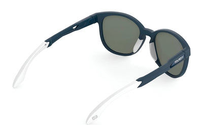 Rudy Project Lightflow B Sunglasses in navy blue with white arms and dark lenses (size 54), shown from a rear side angle, offer UV protection for your eyes.