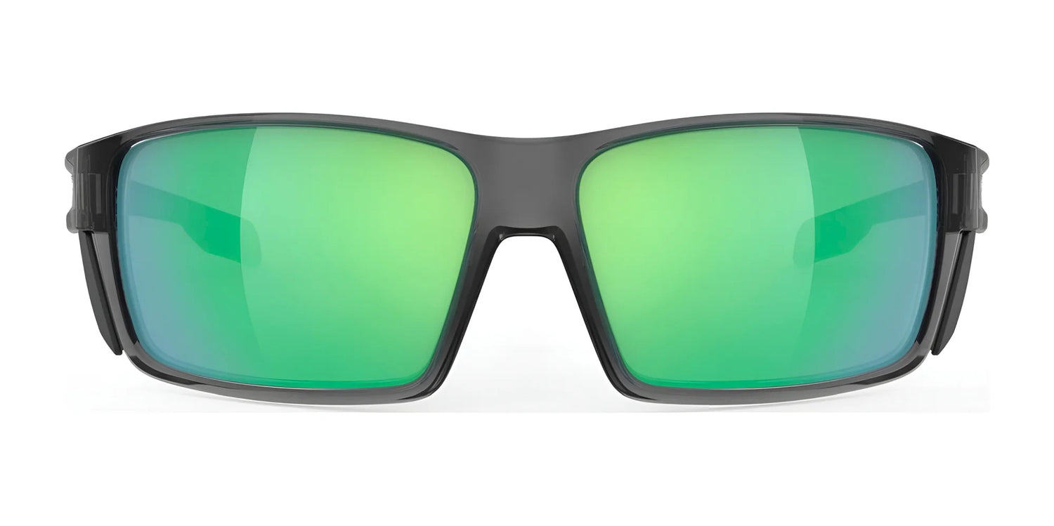 The Rudy Project Nyad Sunglasses (Size 64) by Rudy Project feature wide, mirrored green lenses for stylish UV protection, shown from the front on a white background. The Rudy Project Nyad Sunglasses (Size 64) by Rudy Project feature wide, mirrored green lenses for stylish UV protection, shown from the front on a white background.