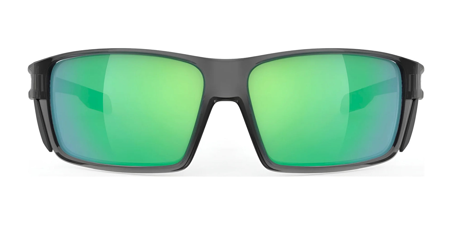 The Rudy Project Nyad Sunglasses (Size 64) by Rudy Project feature wide, mirrored green lenses for stylish UV protection, shown from the front on a white background. The Rudy Project Nyad Sunglasses (Size 64) by Rudy Project feature wide, mirrored green lenses for stylish UV protection, shown from the front on a white background.