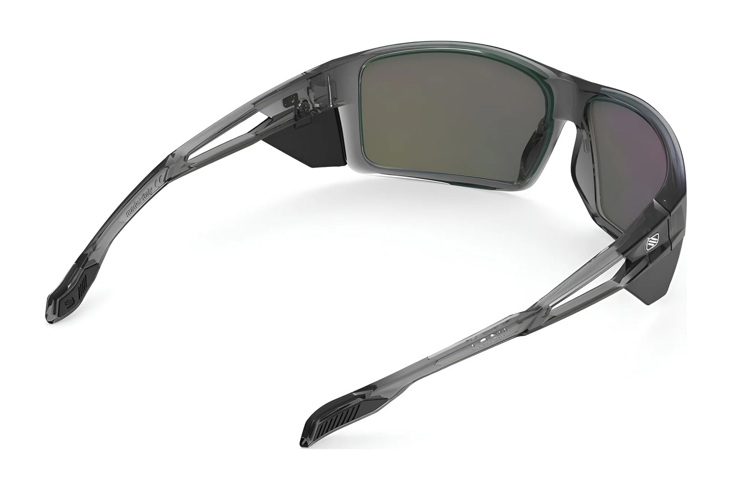 Rudy Project Nyad Sunglasses | Size 64: Translucent gray wraparound sports sunglasses with dark rectangular lenses and vented sides, designed for UV protection and active performance. Rudy Project Nyad Sunglasses | Size 64: Translucent gray wraparound sports sunglasses with dark rectangular lenses and vented sides, designed for UV protection and active performance.