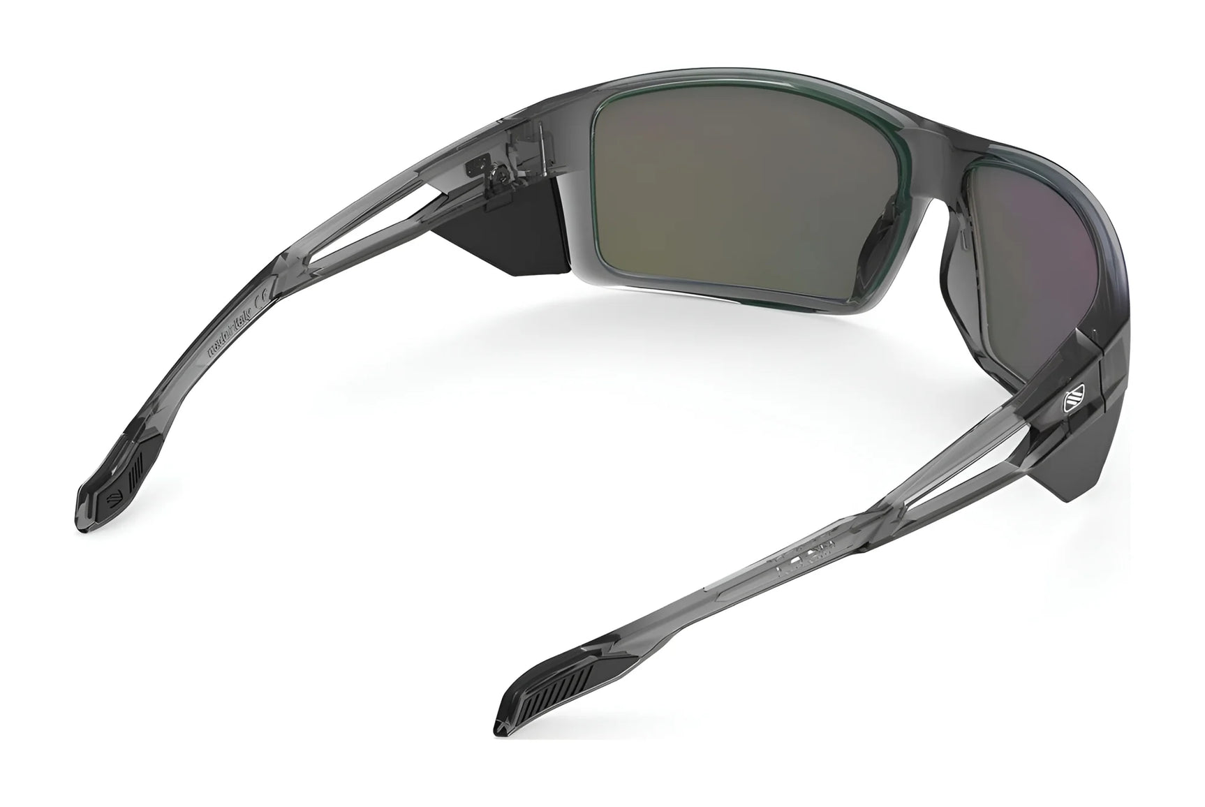 Rudy Project Nyad Sunglasses | Size 64: Translucent gray wraparound sports sunglasses with dark rectangular lenses and vented sides, designed for UV protection and active performance. Rudy Project Nyad Sunglasses | Size 64: Translucent gray wraparound sports sunglasses with dark rectangular lenses and vented sides, designed for UV protection and active performance.