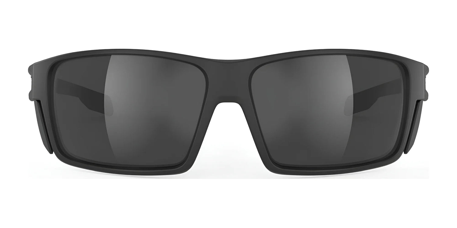 Rudy Project Nyad Sunglasses | Size 64 by Rudy Project, featuring black wraparound frames, dark lenses, and UV protection, shown from the front on a white background. Rudy Project Nyad Sunglasses | Size 64 by Rudy Project, featuring black wraparound frames, dark lenses, and UV protection, shown from the front on a white background.