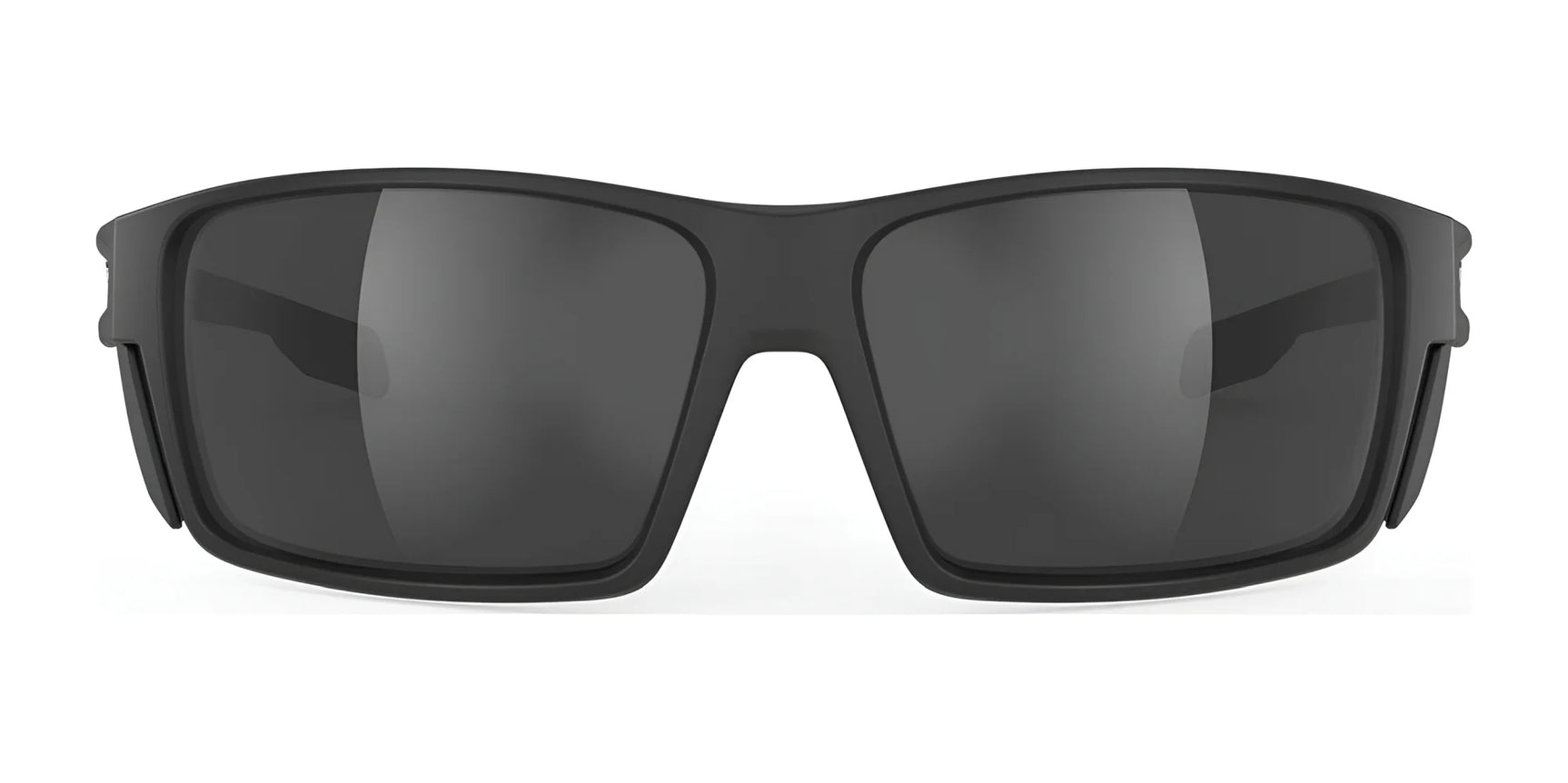 Rudy Project Nyad Sunglasses | Size 64 by Rudy Project, featuring black wraparound frames, dark lenses, and UV protection, shown from the front on a white background. Rudy Project Nyad Sunglasses | Size 64 by Rudy Project, featuring black wraparound frames, dark lenses, and UV protection, shown from the front on a white background.