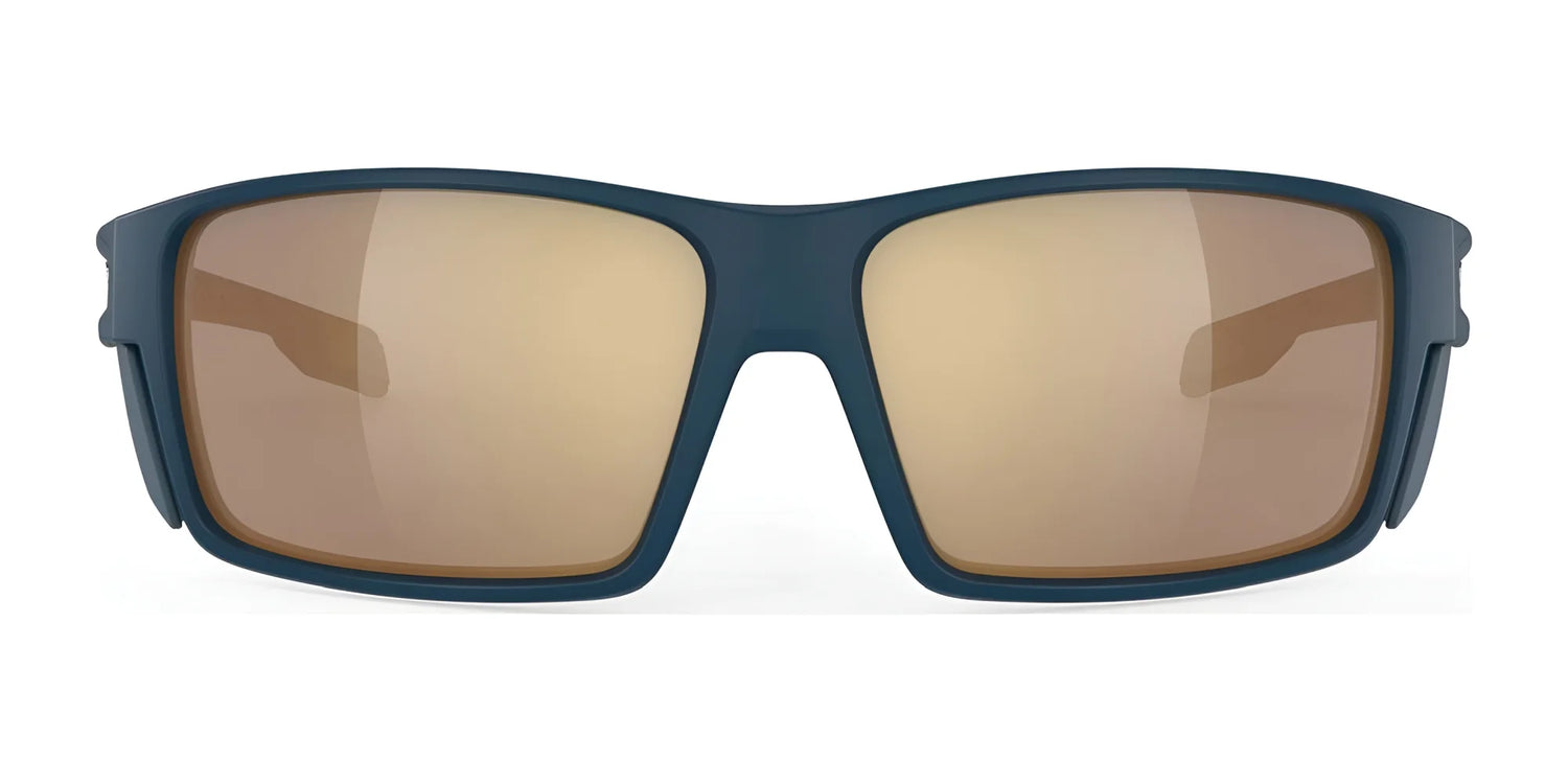 Front view of Rudy Project Nyad Sunglasses (Size 64) by Rudy Project, featuring a dark teal sustainable frame and large, reflective gold UV-protective lenses. Front view of Rudy Project Nyad Sunglasses (Size 64) by Rudy Project, featuring a dark teal sustainable frame and large, reflective gold UV-protective lenses.