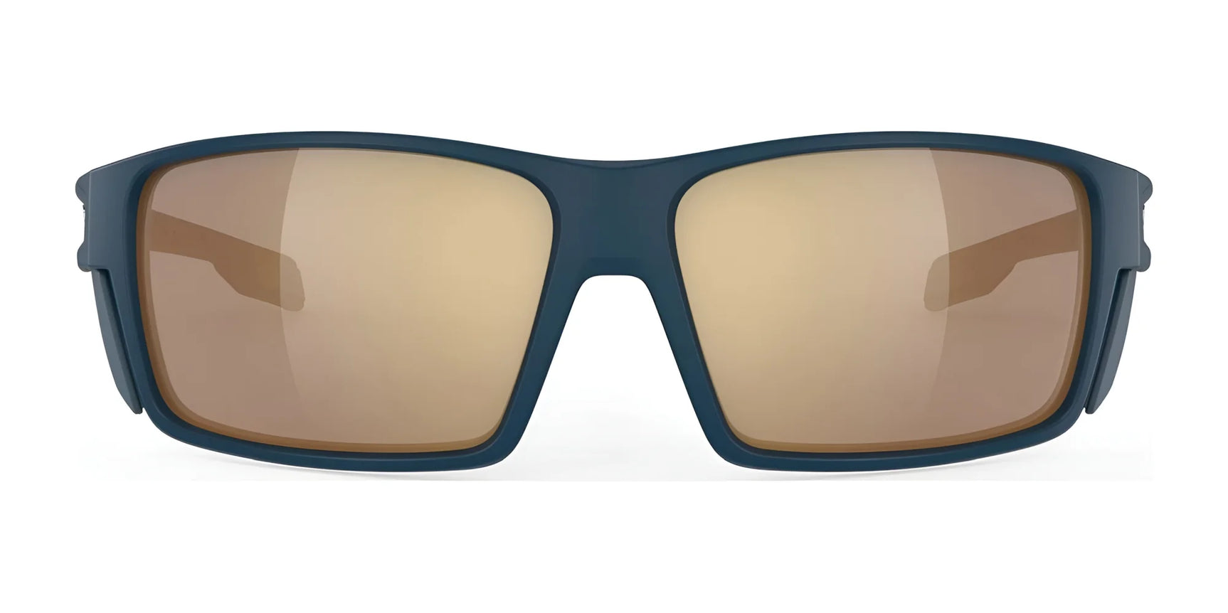 Front view of Rudy Project Nyad Sunglasses (Size 64) by Rudy Project, featuring a dark teal sustainable frame and large, reflective gold UV-protective lenses. Front view of Rudy Project Nyad Sunglasses (Size 64) by Rudy Project, featuring a dark teal sustainable frame and large, reflective gold UV-protective lenses.