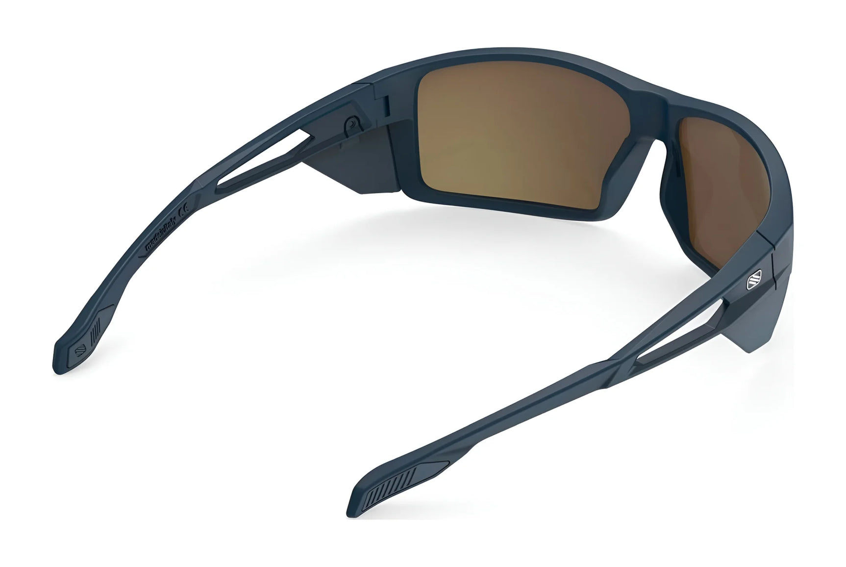 The Rudy Project Nyad Sunglasses in size 64 feature matte black wraparound frames made from sustainable materials, brown lenses, and an angular sporty design, shown here from a rear angle. The Rudy Project Nyad Sunglasses in size 64 feature matte black wraparound frames made from sustainable materials, brown lenses, and an angular sporty design, shown here from a rear angle.