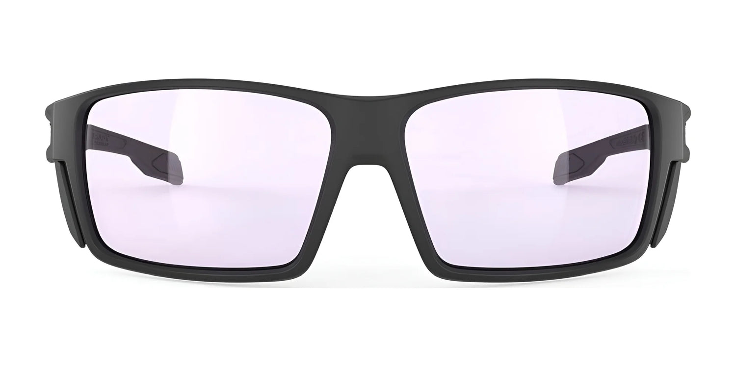 Front view of Rudy Project Nyad Sunglasses (Size 64) by Rudy Project, featuring a black rectangular frame with clear lenses, made from sustainable materials, displayed on a white background. Front view of Rudy Project Nyad Sunglasses (Size 64) by Rudy Project, featuring a black rectangular frame with clear lenses, made from sustainable materials, displayed on a white background.