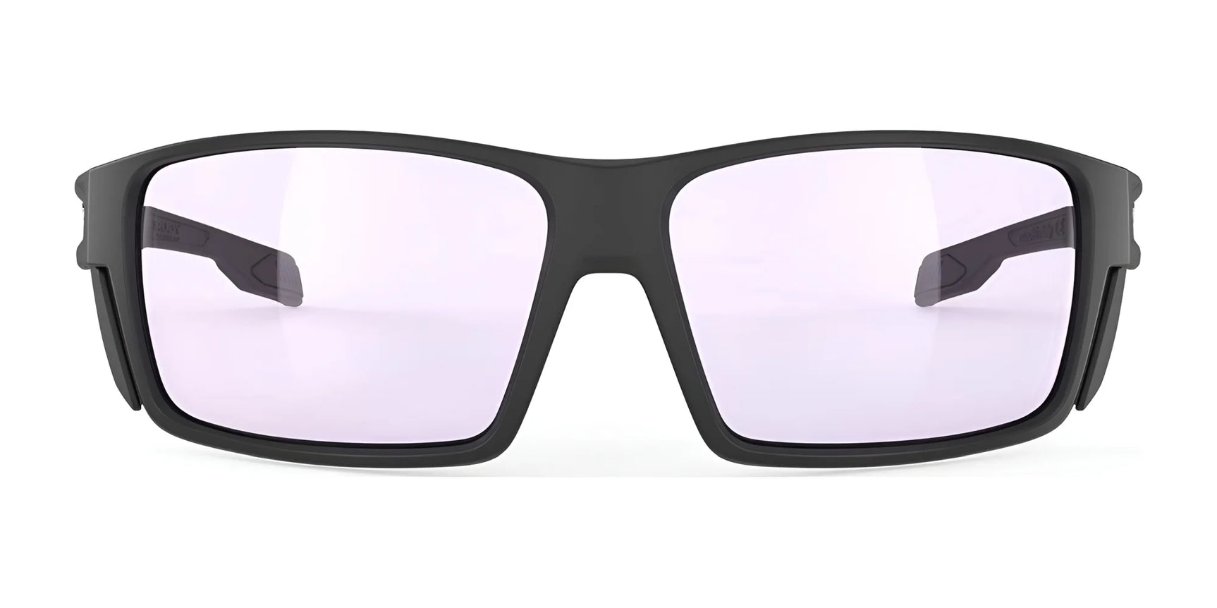 Front view of Rudy Project Nyad Sunglasses (Size 64) by Rudy Project, featuring a black rectangular frame with clear lenses, made from sustainable materials, displayed on a white background. Front view of Rudy Project Nyad Sunglasses (Size 64) by Rudy Project, featuring a black rectangular frame with clear lenses, made from sustainable materials, displayed on a white background.