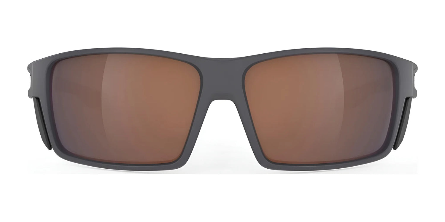 Front view of Rudy Project Nyad Sunglasses Size 64 in gray with large brown-tinted lenses and thick frames, offering UV eye protection. Front view of Rudy Project Nyad Sunglasses Size 64 in gray with large brown-tinted lenses and thick frames, offering UV eye protection.