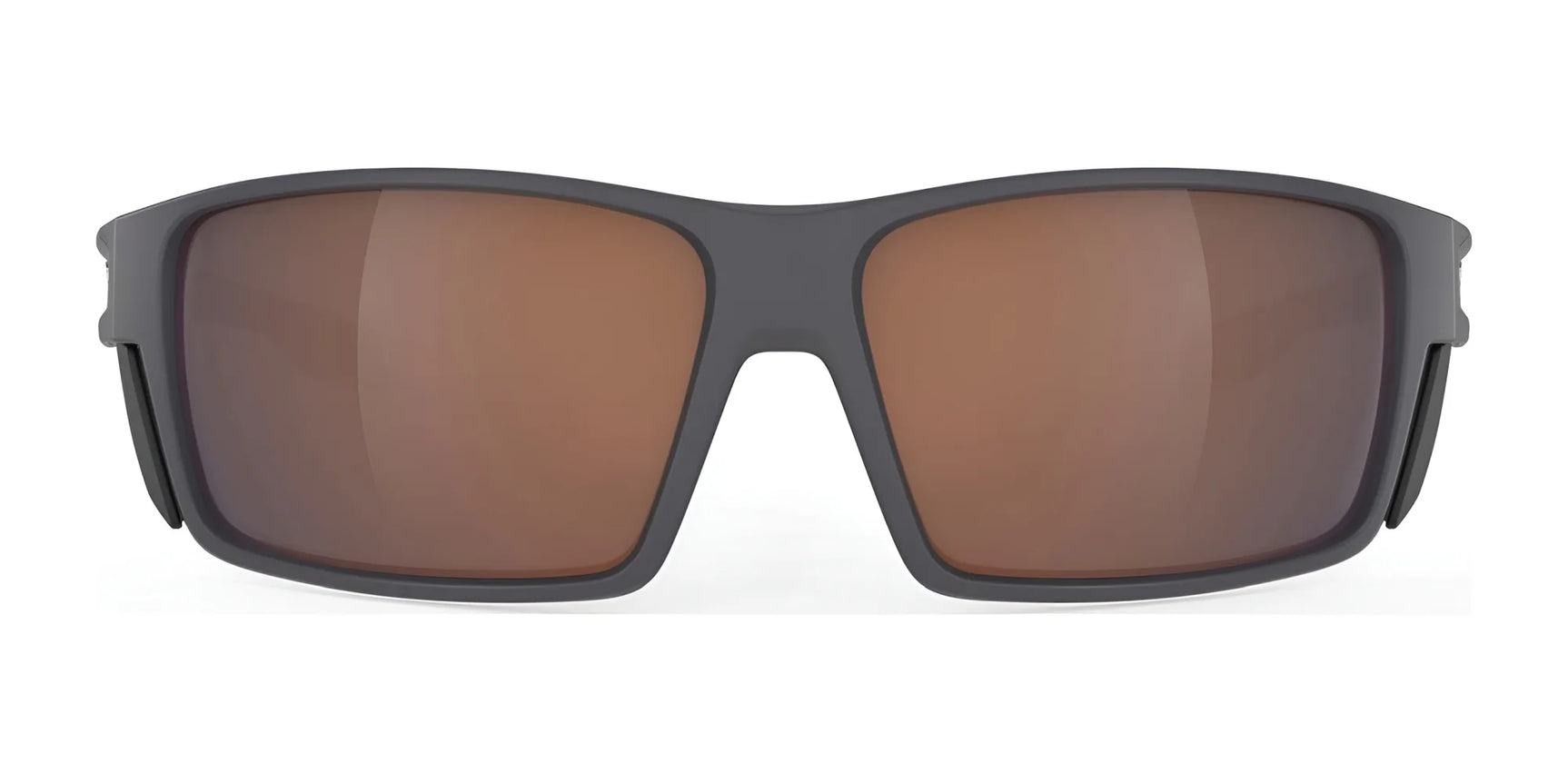 Front view of Rudy Project Nyad Sunglasses Size 64 in gray with large brown-tinted lenses and thick frames, offering UV eye protection. Front view of Rudy Project Nyad Sunglasses Size 64 in gray with large brown-tinted lenses and thick frames, offering UV eye protection.