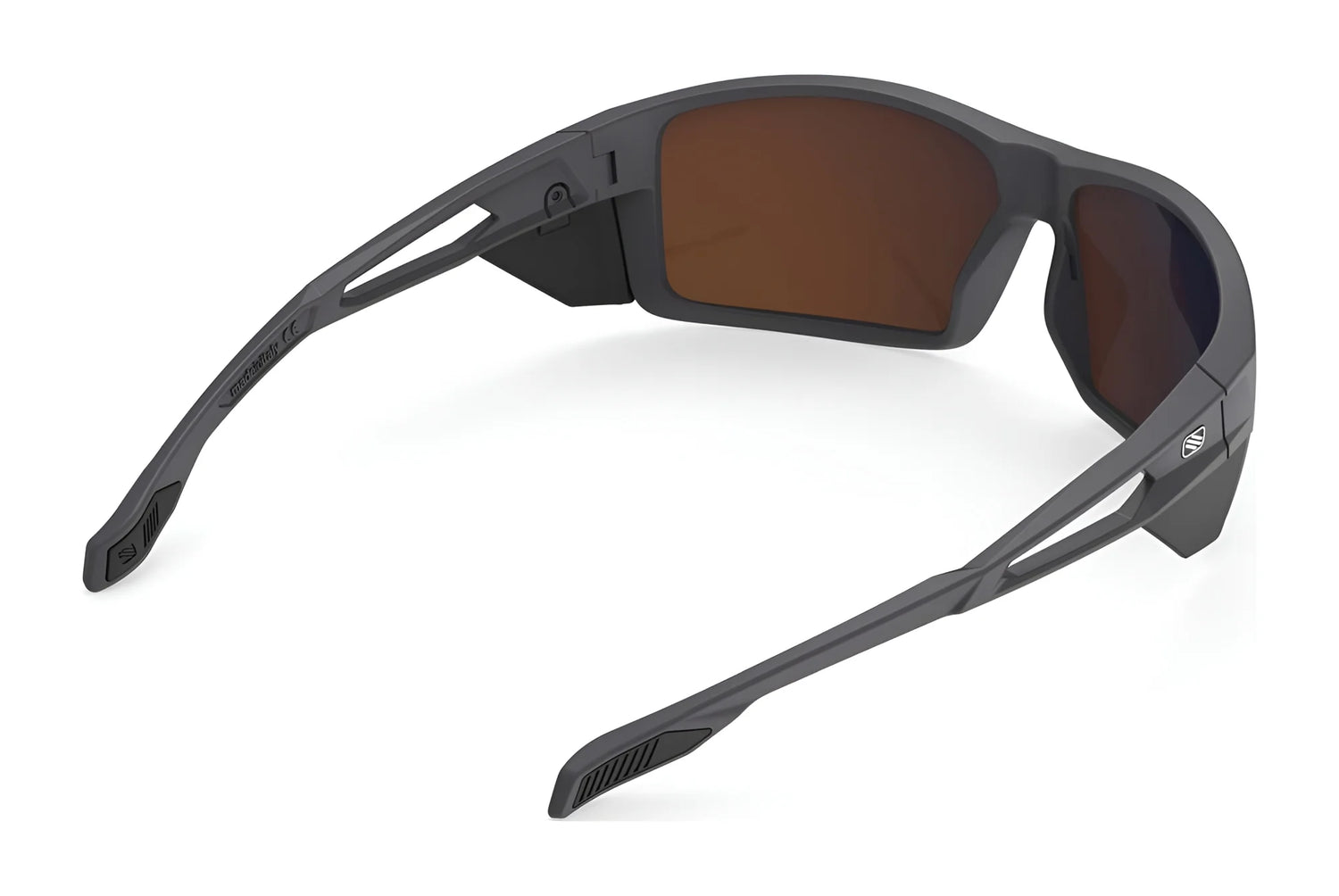 Rudy Project Nyad Sunglasses (Size 64) by Rudy Project feature gray wraparound frames with brown UV-protective lenses, angular design, and stylish side cutouts. Rudy Project Nyad Sunglasses (Size 64) by Rudy Project feature gray wraparound frames with brown UV-protective lenses, angular design, and stylish side cutouts.