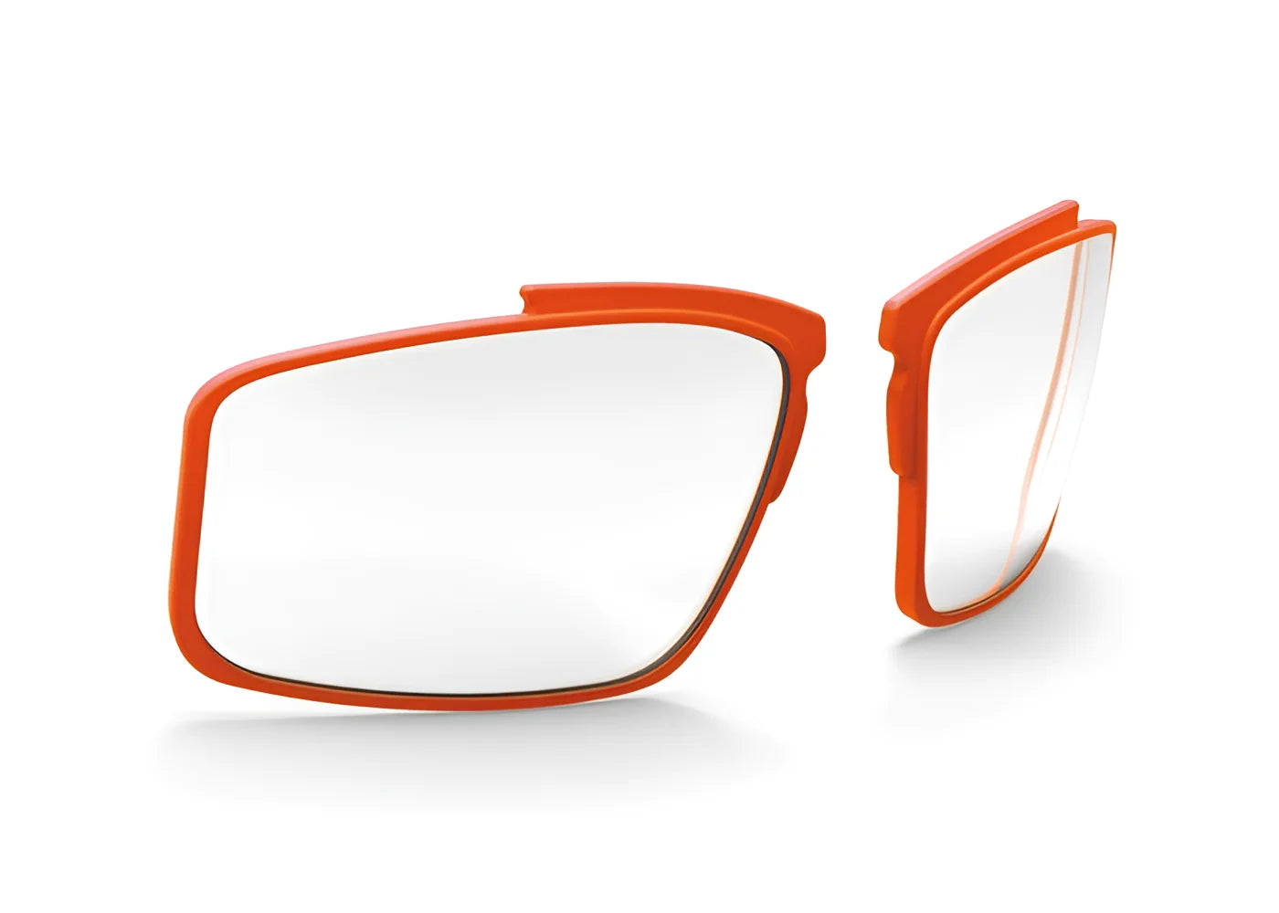 Two orange-rimmed Rudy Project Vulcan Rx Clips Red Fluo Shape A lenses on a white background, presented from different angles. These high-quality lenses are reminiscent of the precision found in Rudy Project designs. Two orange-rimmed Rudy Project Vulcan Rx Clips Red Fluo Shape A lenses on a white background, presented from different angles. These high-quality lenses are reminiscent of the precision found in Rudy Project designs.
