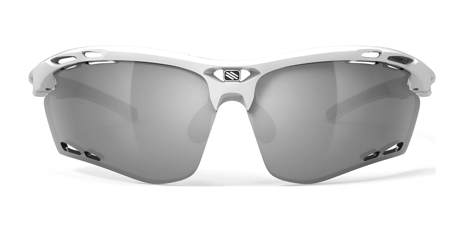 Rudy Project Propulse Sunglasses | Size 75: White sports frames with large, dark lenses, vented design, adjustable nosepiece for comfort, and enhanced UV protection. Shown front-facing on a white background. Rudy Project Propulse Sunglasses | Size 75: White sports frames with large, dark lenses, vented design, adjustable nosepiece for comfort, and enhanced UV protection. Shown front-facing on a white background.