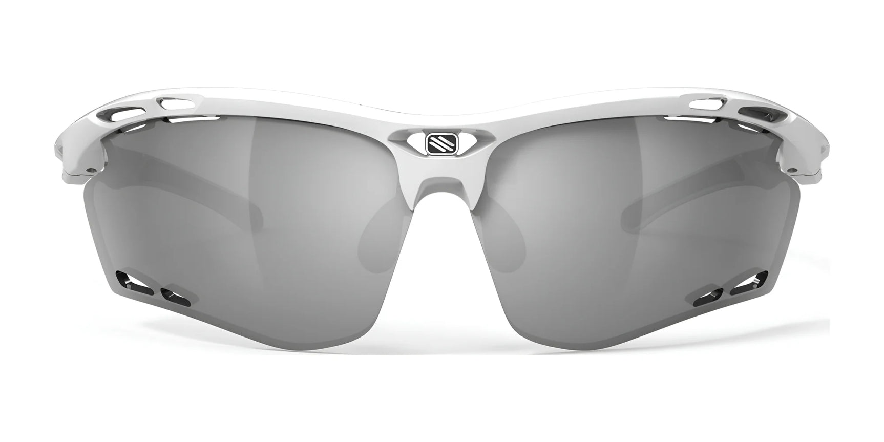 Rudy Project Propulse Sunglasses | Size 75: White sports frames with large, dark lenses, vented design, adjustable nosepiece for comfort, and enhanced UV protection. Shown front-facing on a white background. Rudy Project Propulse Sunglasses | Size 75: White sports frames with large, dark lenses, vented design, adjustable nosepiece for comfort, and enhanced UV protection. Shown front-facing on a white background.