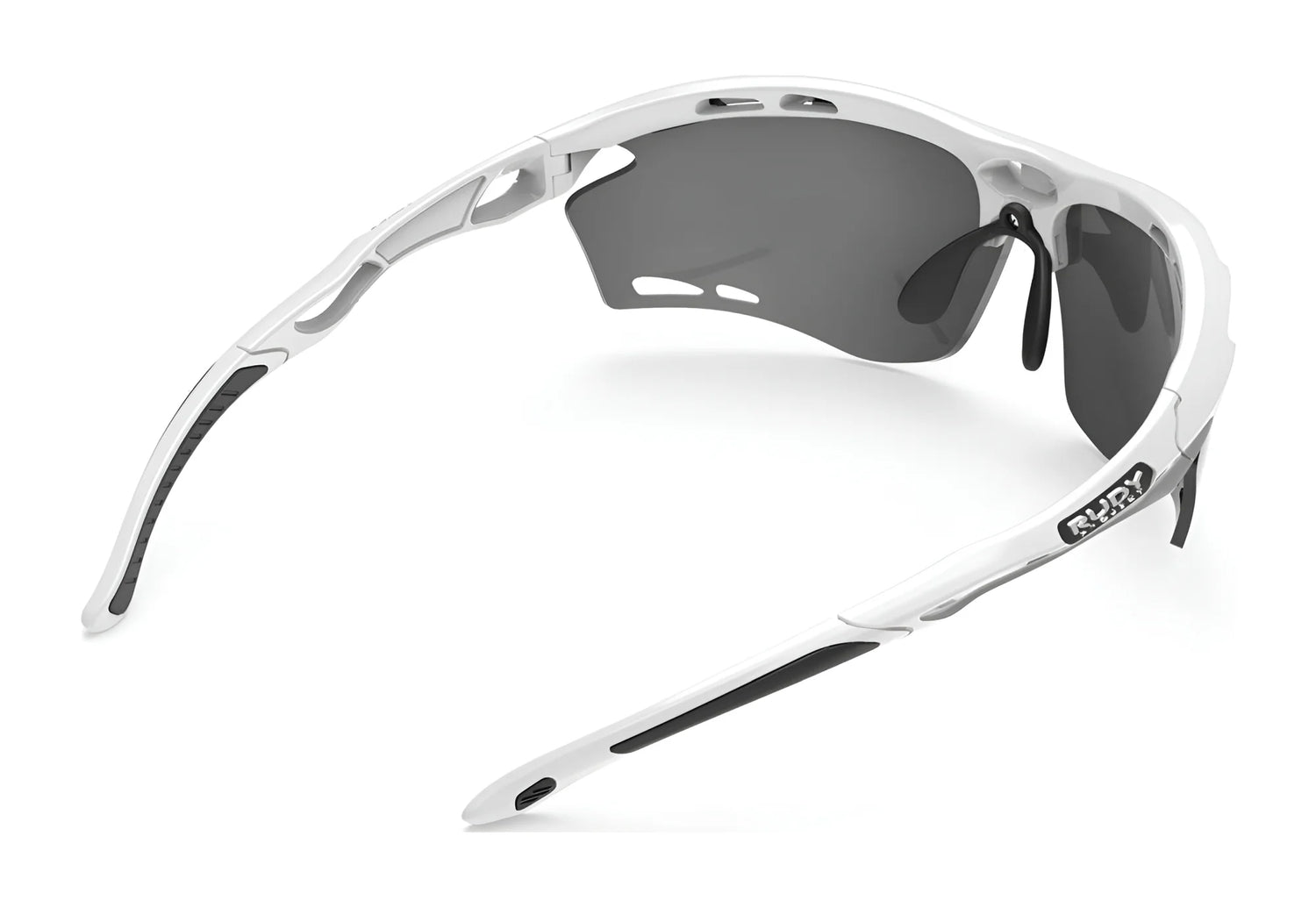 Rudy Project Propulse Sunglasses | Size 75 shown from a rear angle, featuring vented white frames, black lenses, and UV protection for your eyes. Rudy Project Propulse Sunglasses | Size 75 shown from a rear angle, featuring vented white frames, black lenses, and UV protection for your eyes.