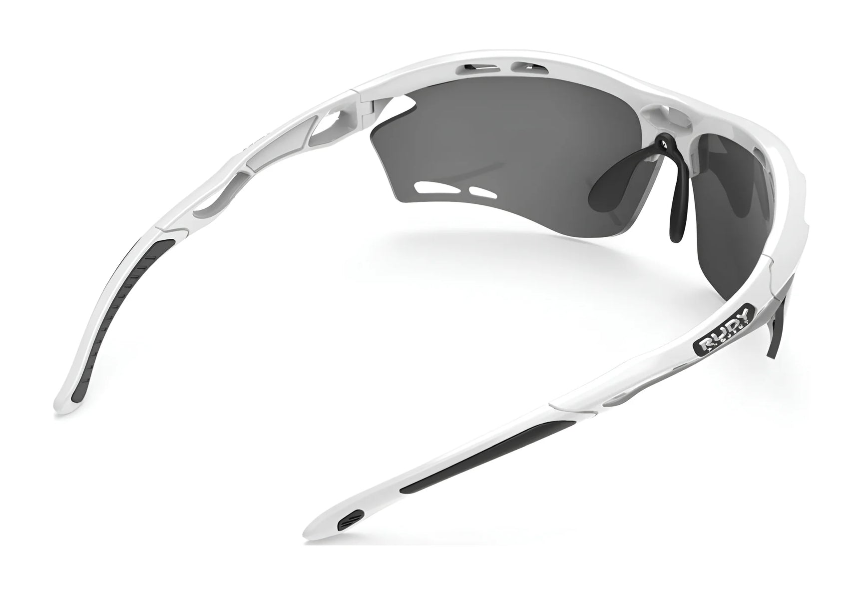 Rudy Project Propulse Sunglasses | Size 75 shown from a rear angle, featuring vented white frames, black lenses, and UV protection for your eyes. Rudy Project Propulse Sunglasses | Size 75 shown from a rear angle, featuring vented white frames, black lenses, and UV protection for your eyes.