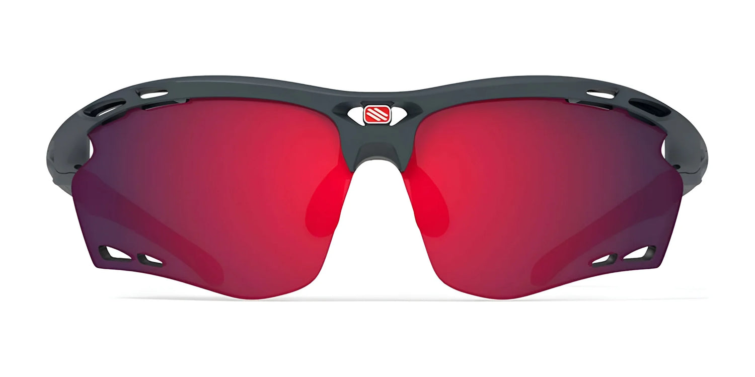 Rudy Project Propulse Sunglasses in size 75 feature a black frame and red lenses, shown front-facing on a white background, with built-in UV protection for enhanced eye safety. Rudy Project Propulse Sunglasses in size 75 feature a black frame and red lenses, shown front-facing on a white background, with built-in UV protection for enhanced eye safety.