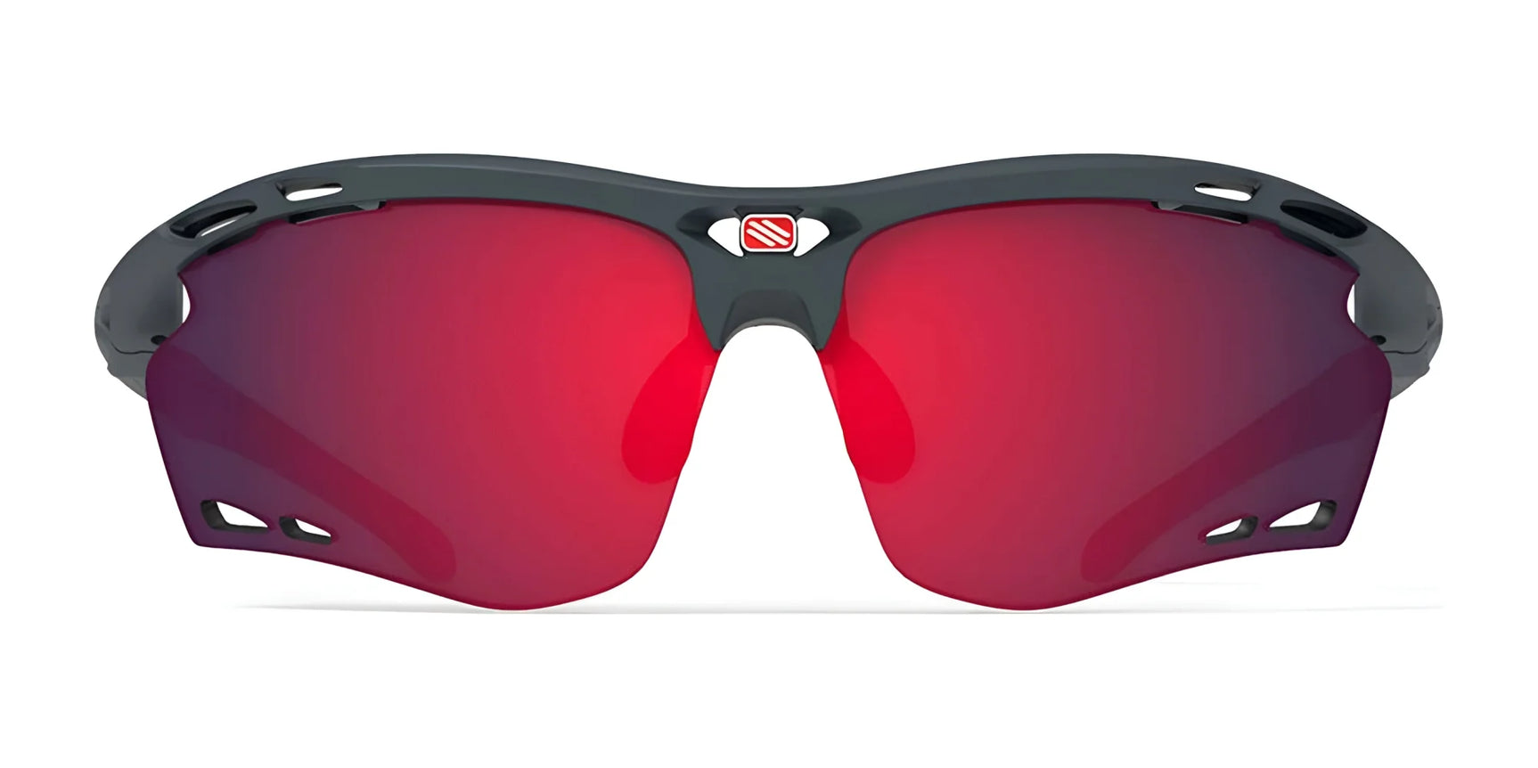 Rudy Project Propulse Sunglasses in size 75 feature a black frame and red lenses, shown front-facing on a white background, with built-in UV protection for enhanced eye safety. Rudy Project Propulse Sunglasses in size 75 feature a black frame and red lenses, shown front-facing on a white background, with built-in UV protection for enhanced eye safety.